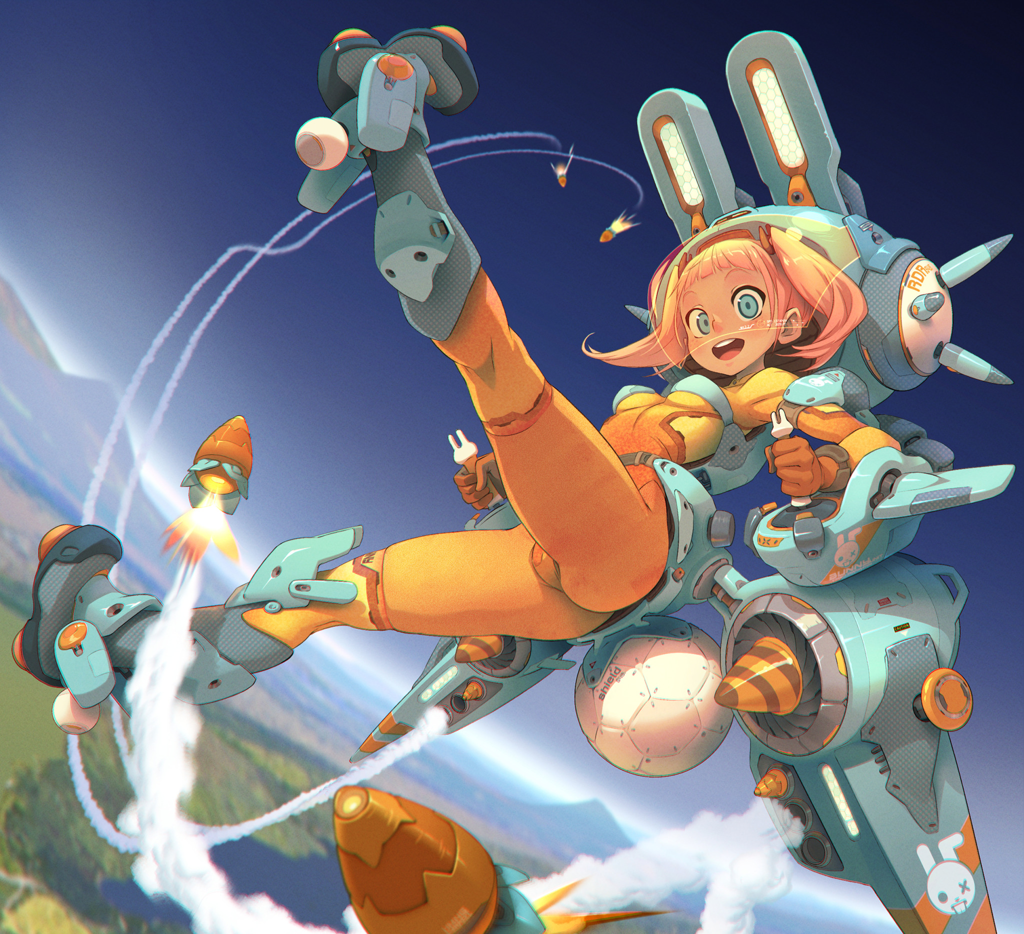 an anime girl in a futuristic mecha suit is flying through the sky. she is holding a ball and has a determined expression on her face. the robot is sleek and modern with a color scheme of blue, orange, and white. there are clouds and other objects in the background. the image is full of action and movement.