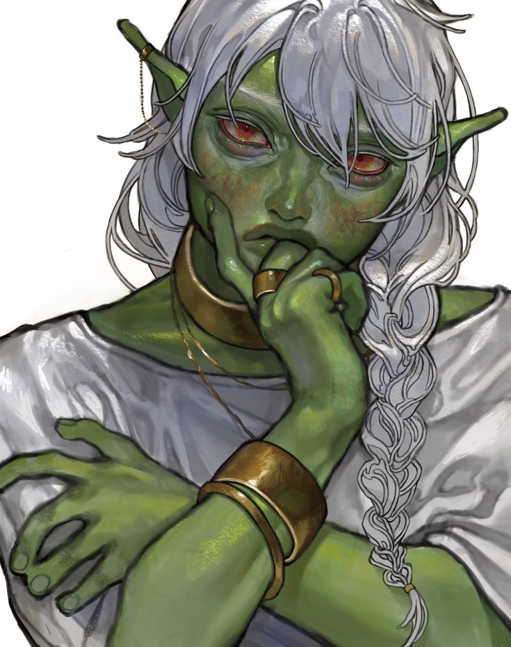 the image is a digital painting of a female fantasy elf. she has green skin, long white hair styled in a braid, and pointed ears. she is wearing a simple white garment and several gold jewelry pieces, including bracelets and rings. her expression is thoughtful and pensive, with her hand resting on her chin. the style is highly detailed and realistic, with a focus on rendering skin textures and the interplay of light and shadow. the overall mood is one of quiet contemplation and beauty.