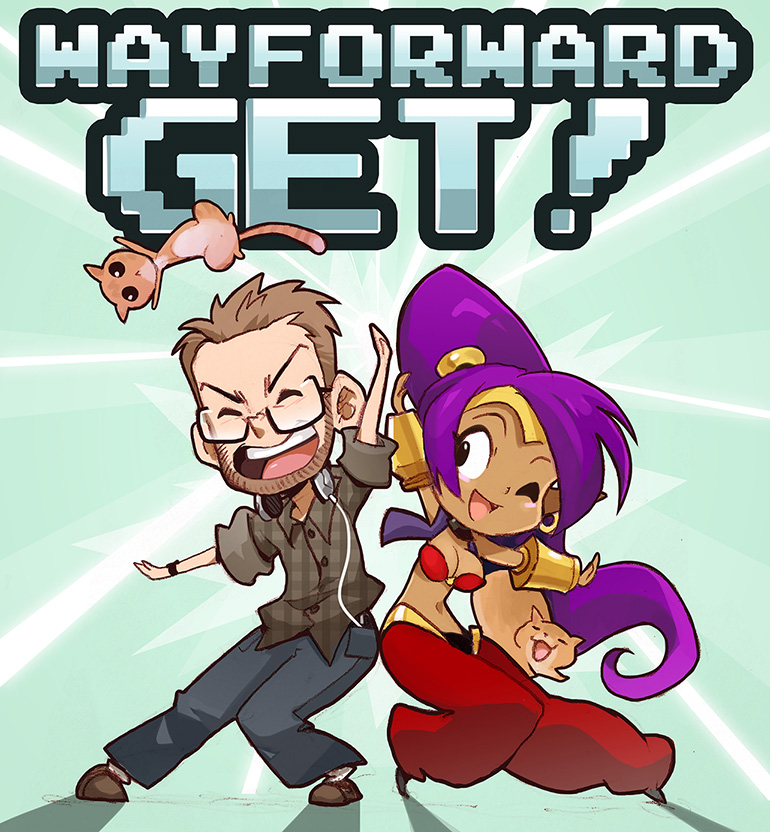 the image features a man and a woman celebrating, possibly due to the success of a video game. the man seems to be a game developer, and the woman resembles shantae, a popular video game character. they are shown in a stylized cartoon art style. the background has a green color scheme, suggesting artificial lighting. the perspective is at eye level. the keywords "wayforward" and "get!" further hint at the celebratory mood, possibly related to a game release or achievement.