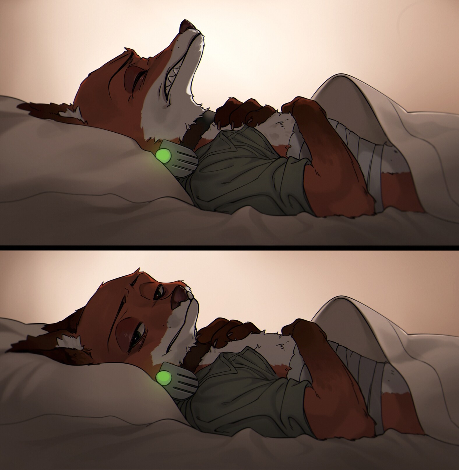 the image shows an anthropomorphic fox lying in bed, seemingly injured and in discomfort. the fox is wrapped in bandages and has a worried expression on its face. the soft, warm lighting and the use of shadow create a sense of quiet sadness and evoke feelings of empathy and concern for the character.