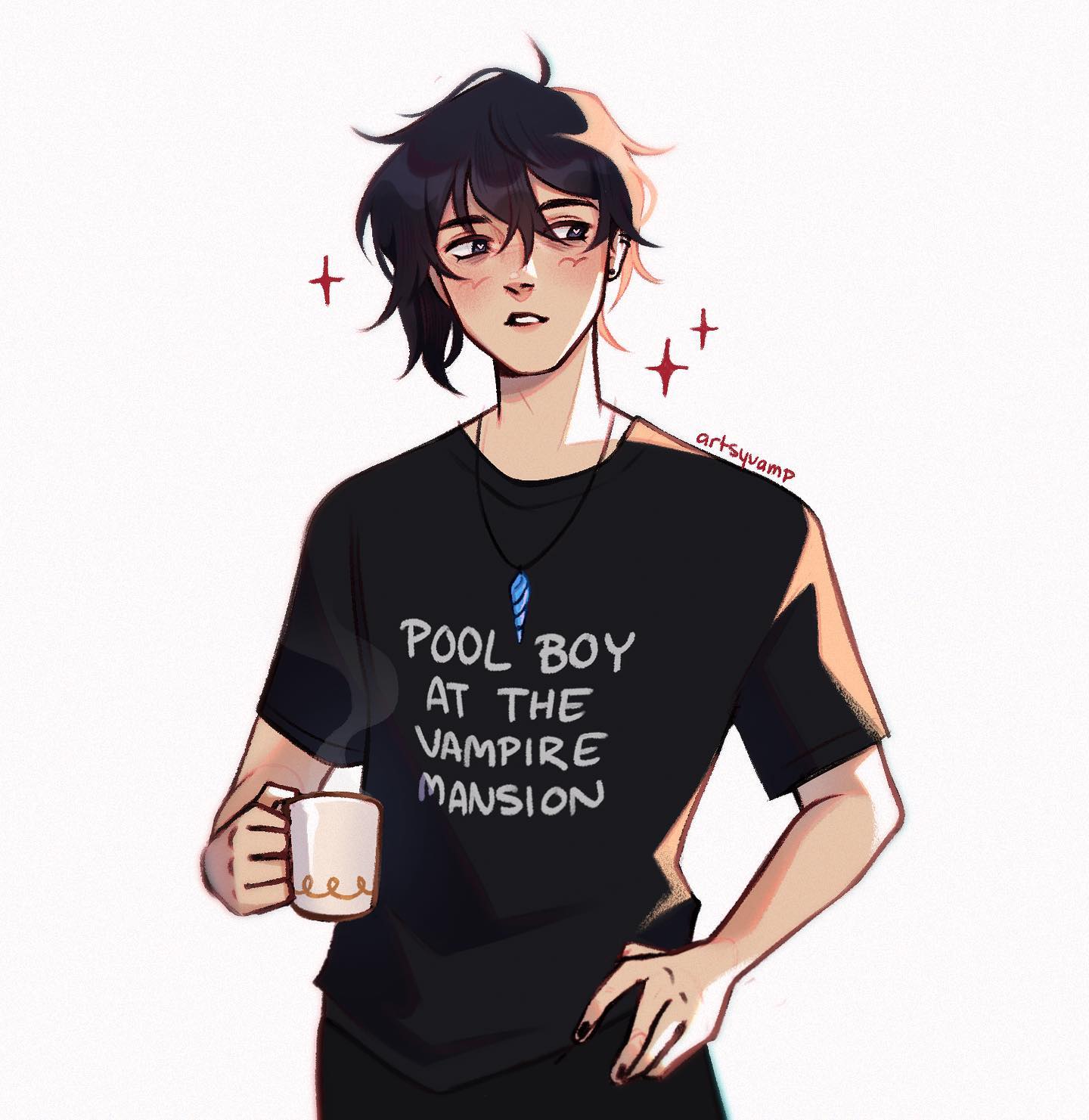 the image is a digital fan art illustration depicting a young animestyle male character. he has dark hair with a lighter blonde streak on one side, and is wearing a black tshirt with the words "pool boy at the vampire mansion" printed on it. he's casually holding a coffee mug, and he has a necklace with a small, light blue pendant. the style is soft and slightly stylized, with a focus on color and shading. the background is plain white, emphasizing the character. the artist's signature, "artsyvamp," is subtly placed on the image.  the overall mood is relaxed and slightly whimsical.
