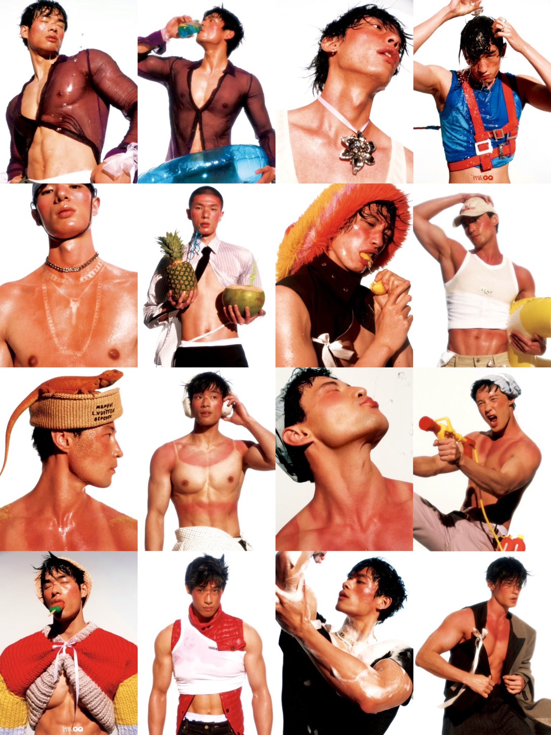 the image is a collage of sixteen photos featuring the same male model in various playful and suggestive poses. he showcases a range of summerthemed outfits and accessories against a mix of studio and outdoor, likely beach, settings. the photography style
