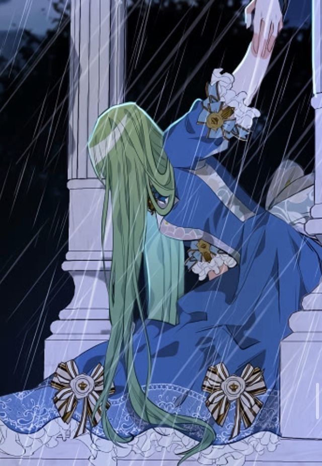the image is a digital artwork depicting an animestyle woman with long, flowing green hair. she's dressed in a lavish, blue, floorlength dress adorned with lace and decorative bows. the dress is detailed with intricate patterns and features.  she's seated on some stone steps, or perhaps a low wall, under a colonnade or similar structure, and is reaching out with one hand, as if for help or support, while another hand reaches for hers.  the scene is set in heavy rain, with rain streaks clearly visible, contributing to a gloomy and melancholic atmosphere. the overall style is romantic and slightly gothic. the colors are muted and rich, emphasizing the somber mood. the architectural elements in the background suggest a classic or historical setting.