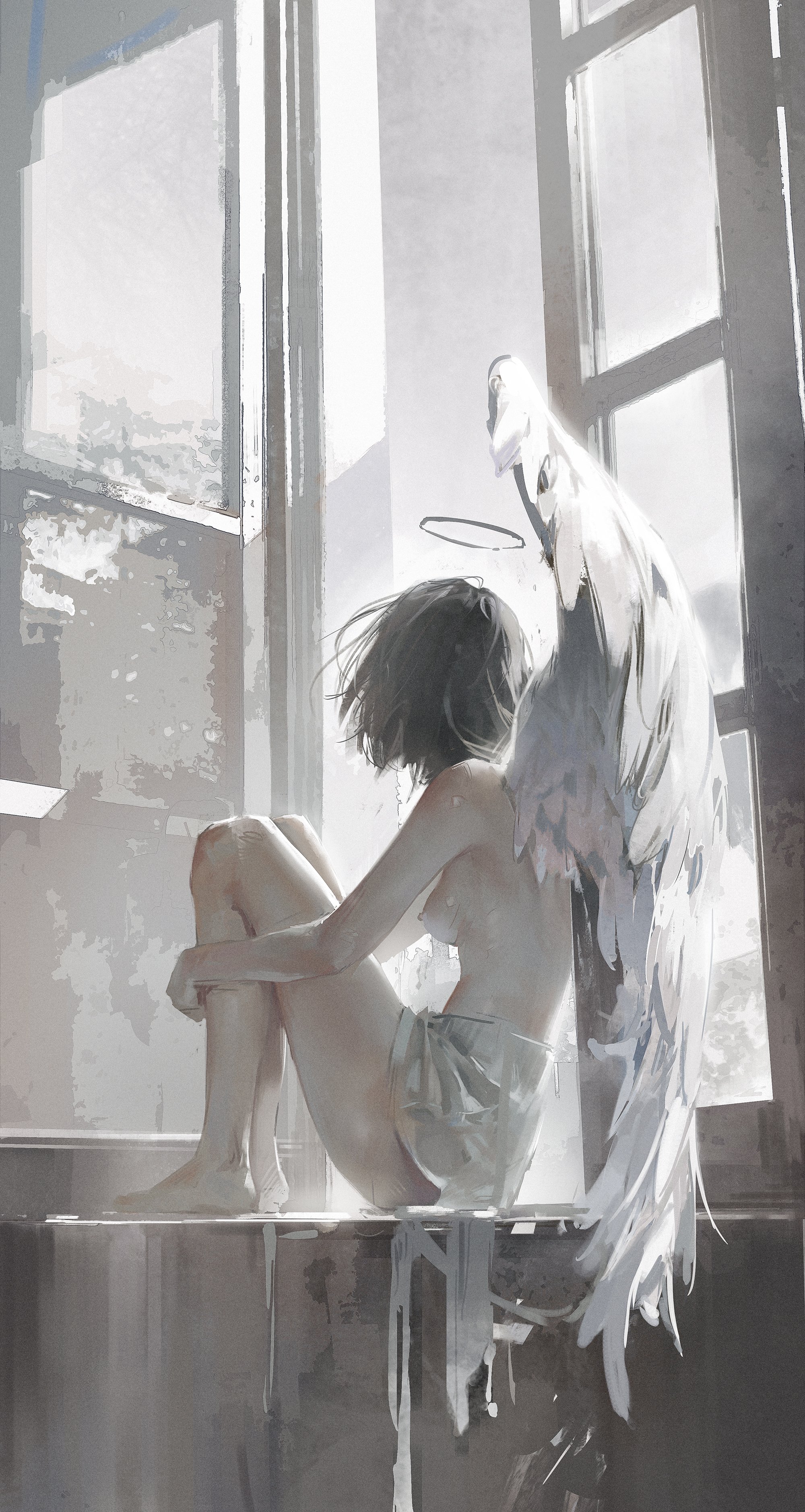 a woman with white angel wings is sitting on a windowsill, looking out at a view of cloudy sky. her head is bowed and her face is obscured by her hair. she is dressed in a white garment and has a halo above her head. the image is painted in a soft, ethereal style, with a muted color palette of white, gray, and light blue. the overall tone of the image is one of sadness and longing.