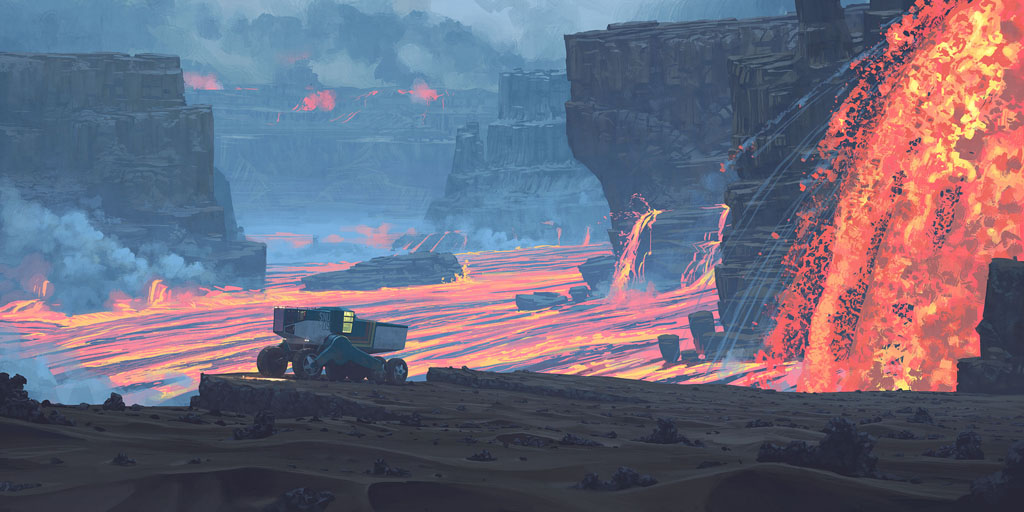 a futuristic vehicle drives through a fiery landscape. lava rivers flow through canyons and over cliffs, while a fiery waterfall cascades down a cliff face. the sky is filled with smoke and dust. the image is a mix of science fiction and fantasy, with an alien world that is both beautiful and dangerous.