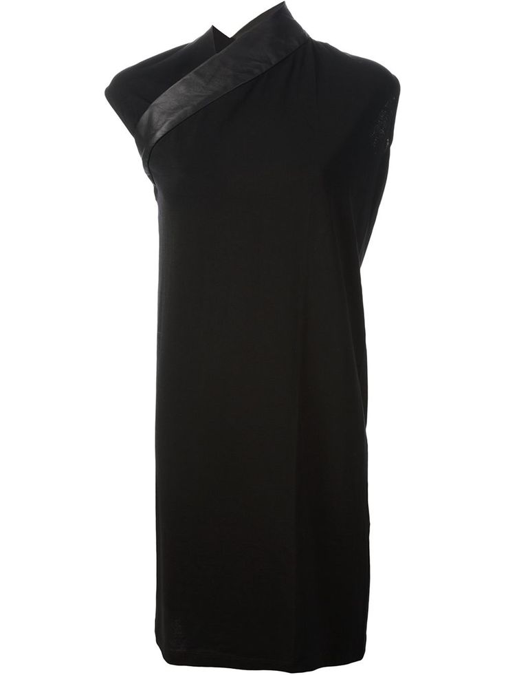 a black, sleeveless midi dress with a high neck and leather trim.
