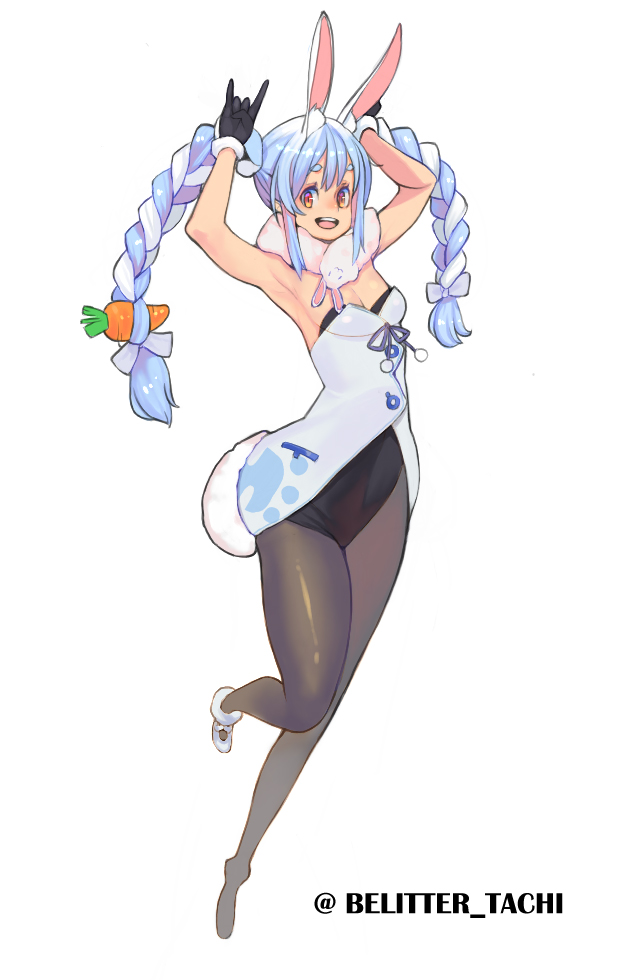 a cheerful anime girl with blue hair styled in pigtails, dressed in a playful white bunny girl outfit. she's striking a dynamic pose, one hand behind her head and the other forming a peace sign, with a cute carrot accentuating her hair.