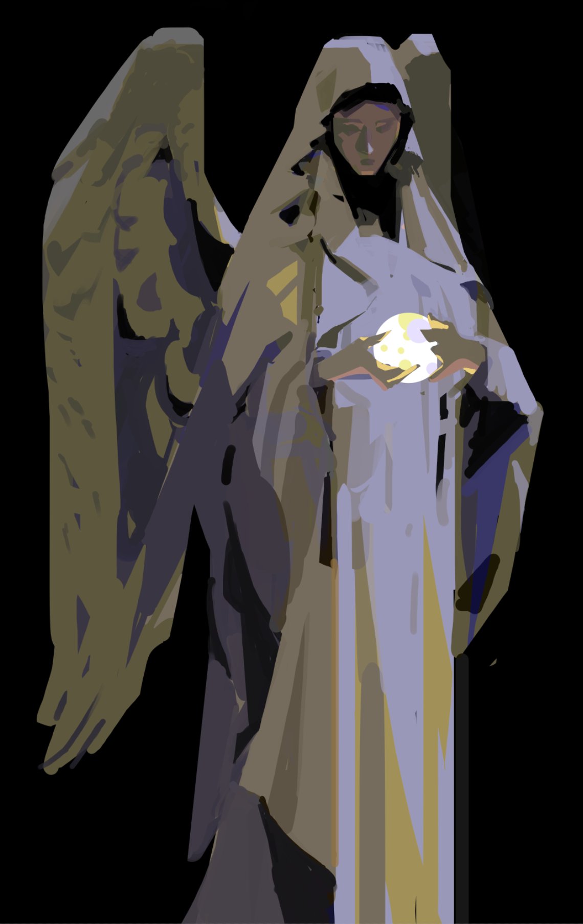 a digital painting of an angel with large wings standing in a robe and holding a glowing light. the angel is depicted in a mystical and spiritual way. the background is black, highlighting the angel and the light.