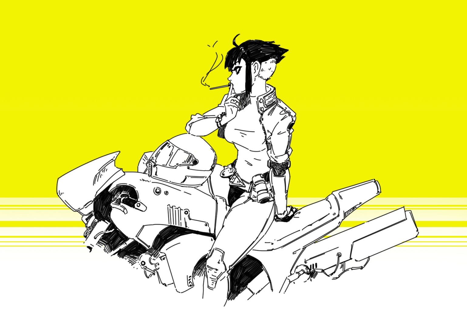 the image is a black and white line drawing of a stylish anime/mangastyle woman with short hair sitting on a futuristic motorcycle. she is smoking a cigarette and has a cool, confident pose. the style is reminiscent of cyberpunk and graphic novels. the background is bright yellow, creating a bold contrast with the black and white illustration. the drawing is detailed and dynamic, showcasing the character and the motorcycle’s design effectively.