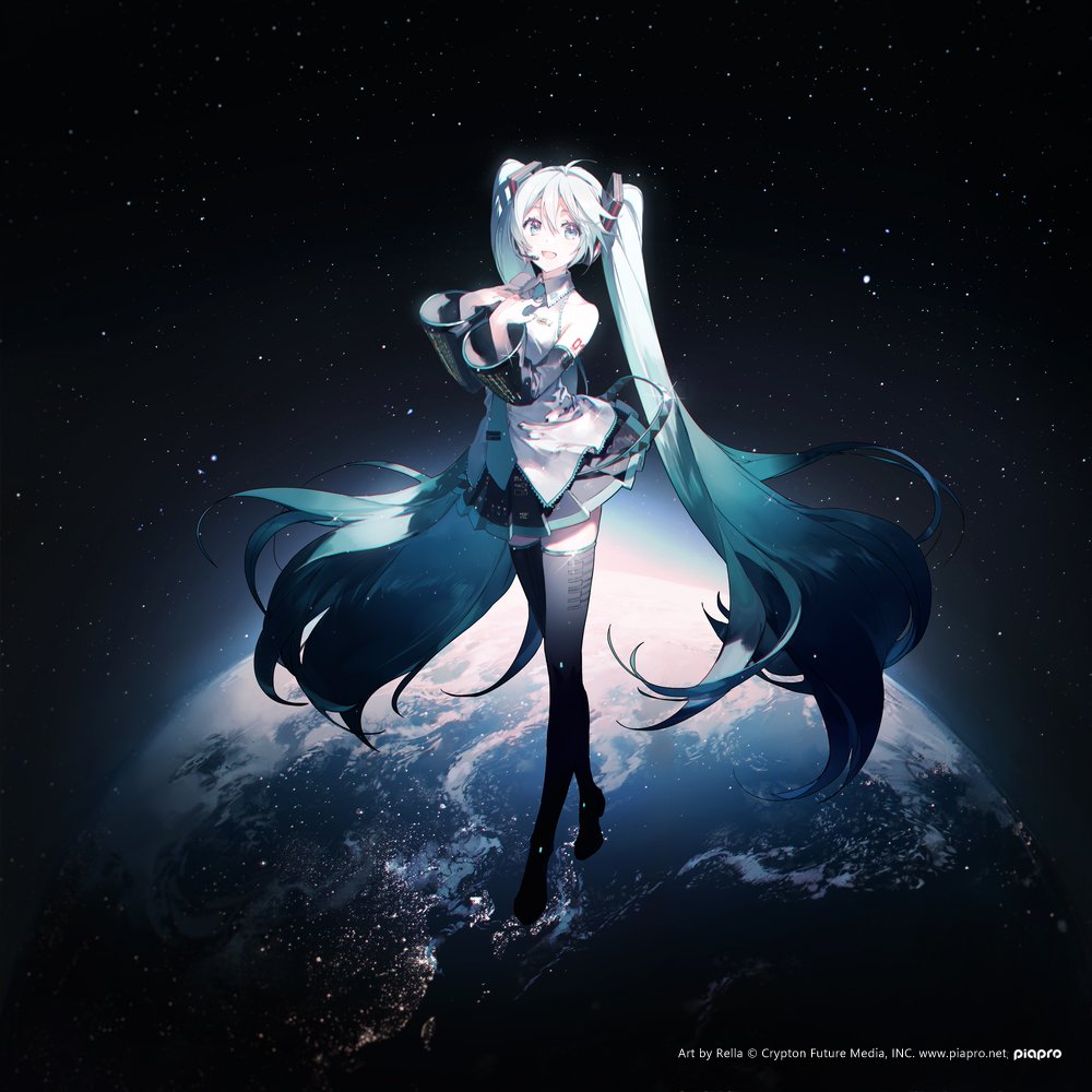 an illustration of the anime character hatsune miku standing in front of a depiction of earth with stars in the background. she is wearing her signature uniform with thighhigh socks and twintails. the artwork appears to be digital.