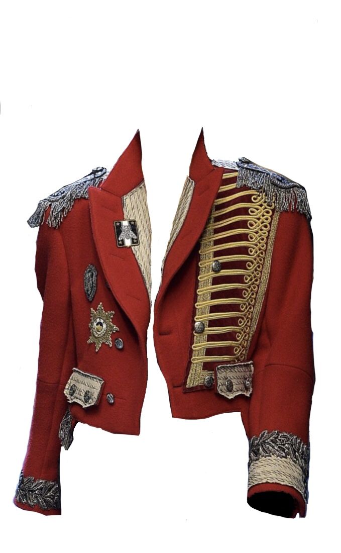 a red, ornate militarystyle jacket is displayed against a white background. the jacket features elaborate gold trim, epaulettes with tassels, numerous buttons, and various decorative embellishments and embroidery. the design suggests a formal uniform or a theatrical costume.
