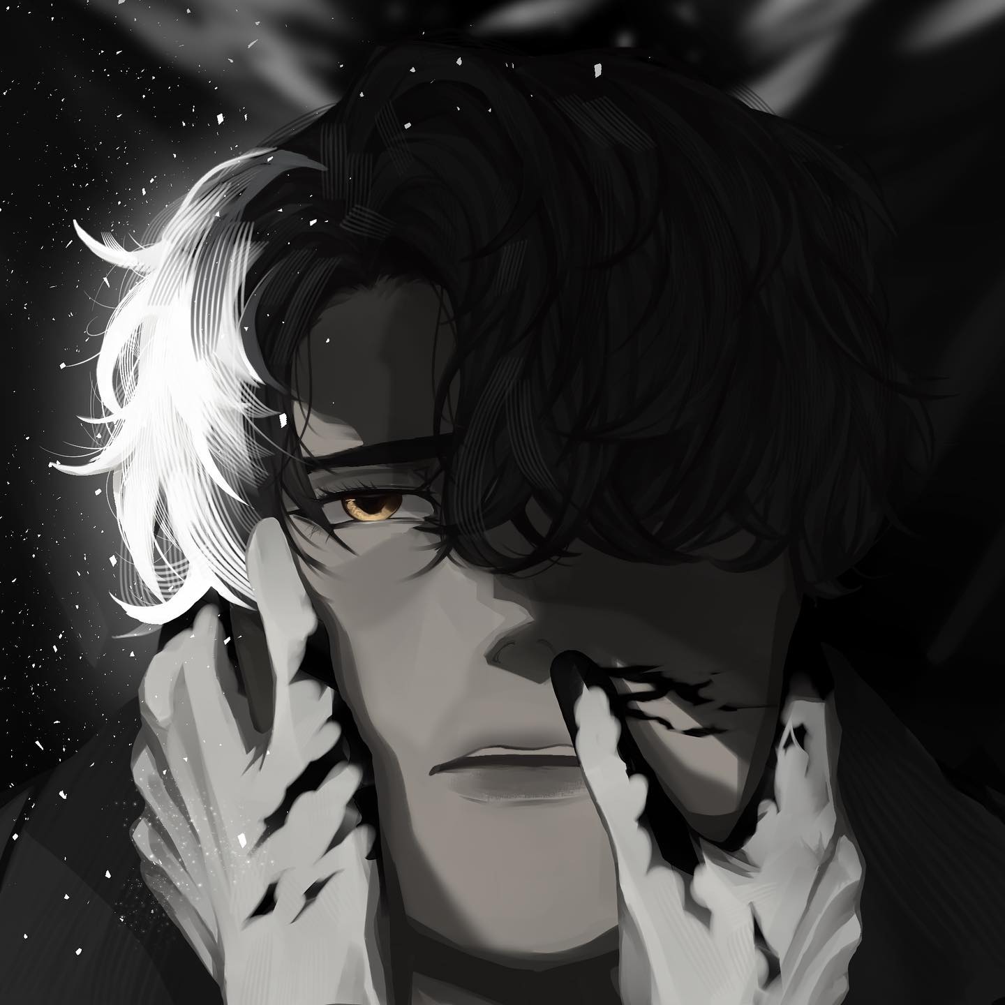 the image is a closeup digital portrait of a young man, rendered in a striking monochrome style. his hair is dramatically styled, with one side appearing dark and the other a stark white, creating a visually compelling contrast.  his expression is serious and perhaps melancholic, his gaze intense.  the lighting is dramatic, emphasizing the shadows on his face and highlighting his golden eyes.  two hands, possibly gloved, gently frame his face. there are noticeable dark markings or scars on his cheek, adding to the overall sense of mystery and intrigue surrounding the character. the art style is strongly reminiscent of anime or manga, with stylized features and bold shading. the overall mood is dark, emotional, and artistic.
