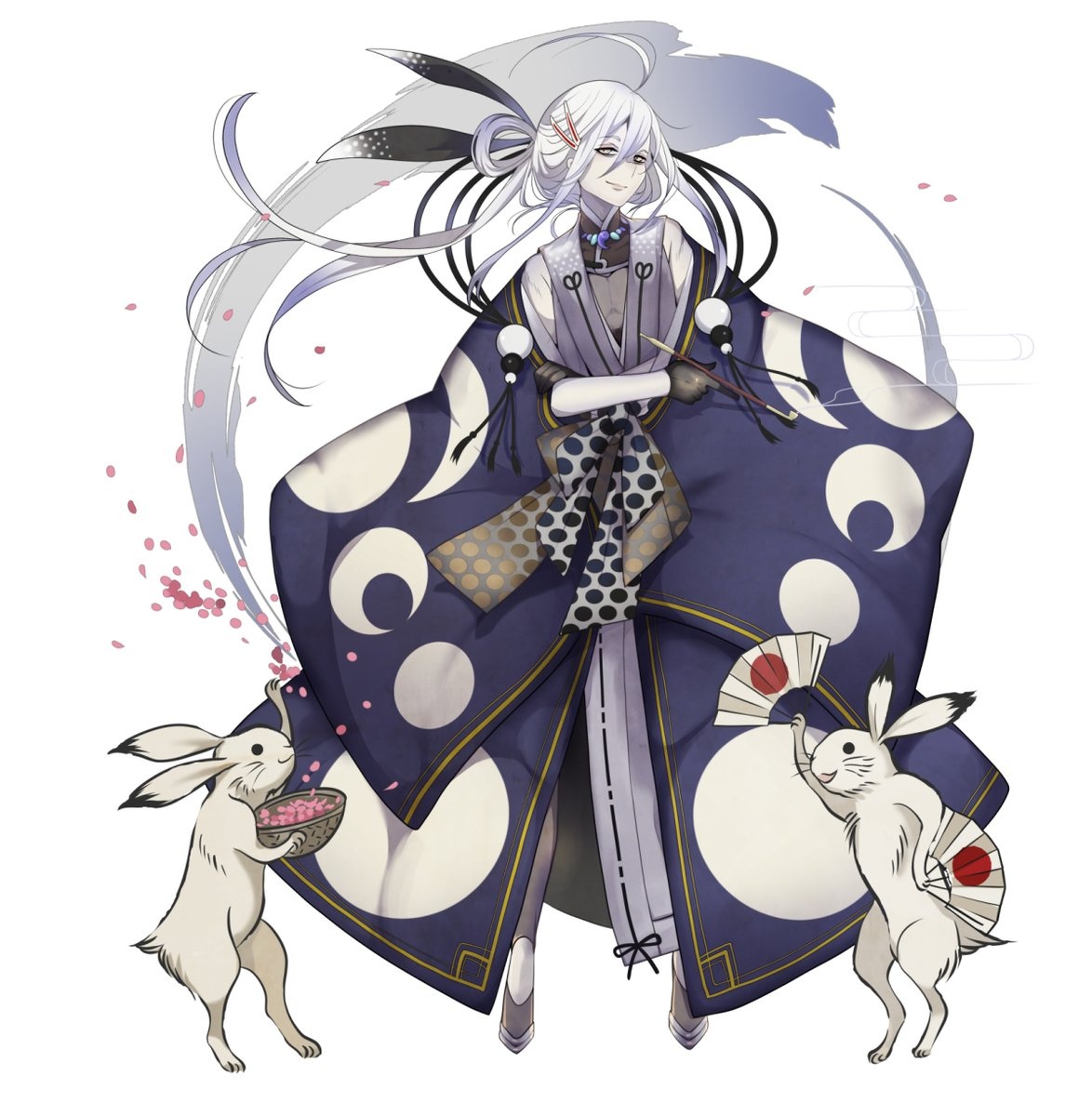 the illustration depicts an anime character in a traditional japanese kimono. the character has long white hair and is holding a fan in their right hand, and holding a brush in their left hand. the character is standing in front of two white rabbits. the background is a faded illustration of a brush stroke and pink flower petals. the kimono is blue and white with patterns of white polka dots and crescent moons.  the character is looking to the side with a peaceful expression.