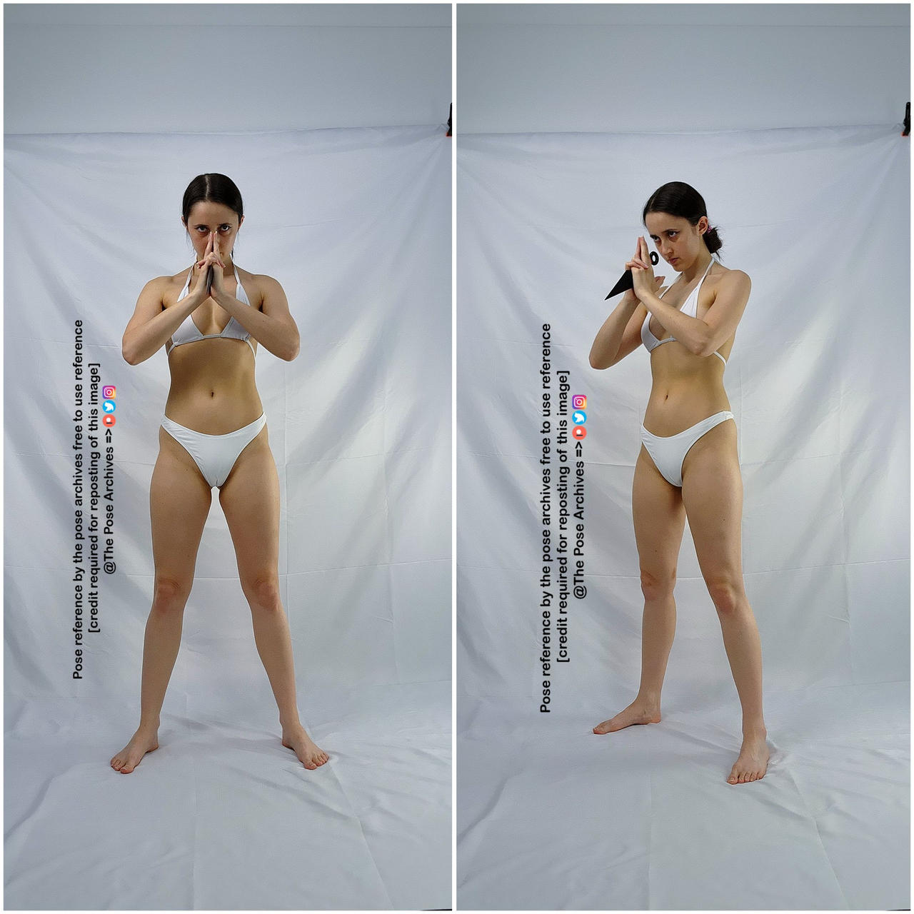 two images of the same woman in a white bikini standing in front of a white background.  in the left image, her hands are clasped together in front of her. in the right image, her hands are in a defensive martial arts pose.  the image is captioned with:  "pose reference by the pose archives free to use reference [credit required for reposting of this image] @the pose archives =>".