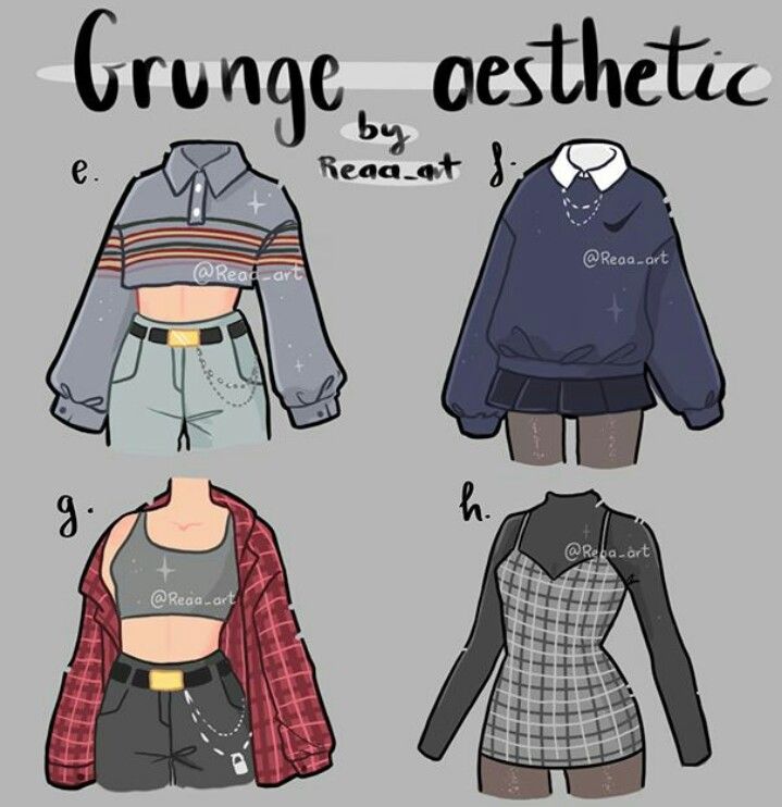 this image shows four different grunge aesthetic outfits for girls. each outfit is illustrated in a cartoon style and includes a unique combination of clothing items, accessories, and colors. the outfits are all characterized by dark and edgy elements, such as dark colors, ripped clothing, and chains. the illustrations are labeled with letters and the artist's username.