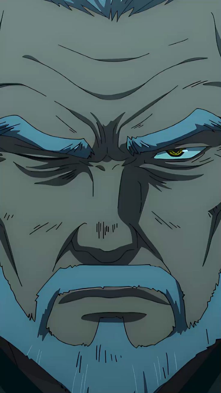 this is an illustration of an older man's face. he has white hair and a white beard. one eye is open and looking directly at the viewer. one eyebrow is raised. his face is lined with wrinkles, creating a sense of age, wisdom, and perhaps displeasure. the palette is dark and moody.
