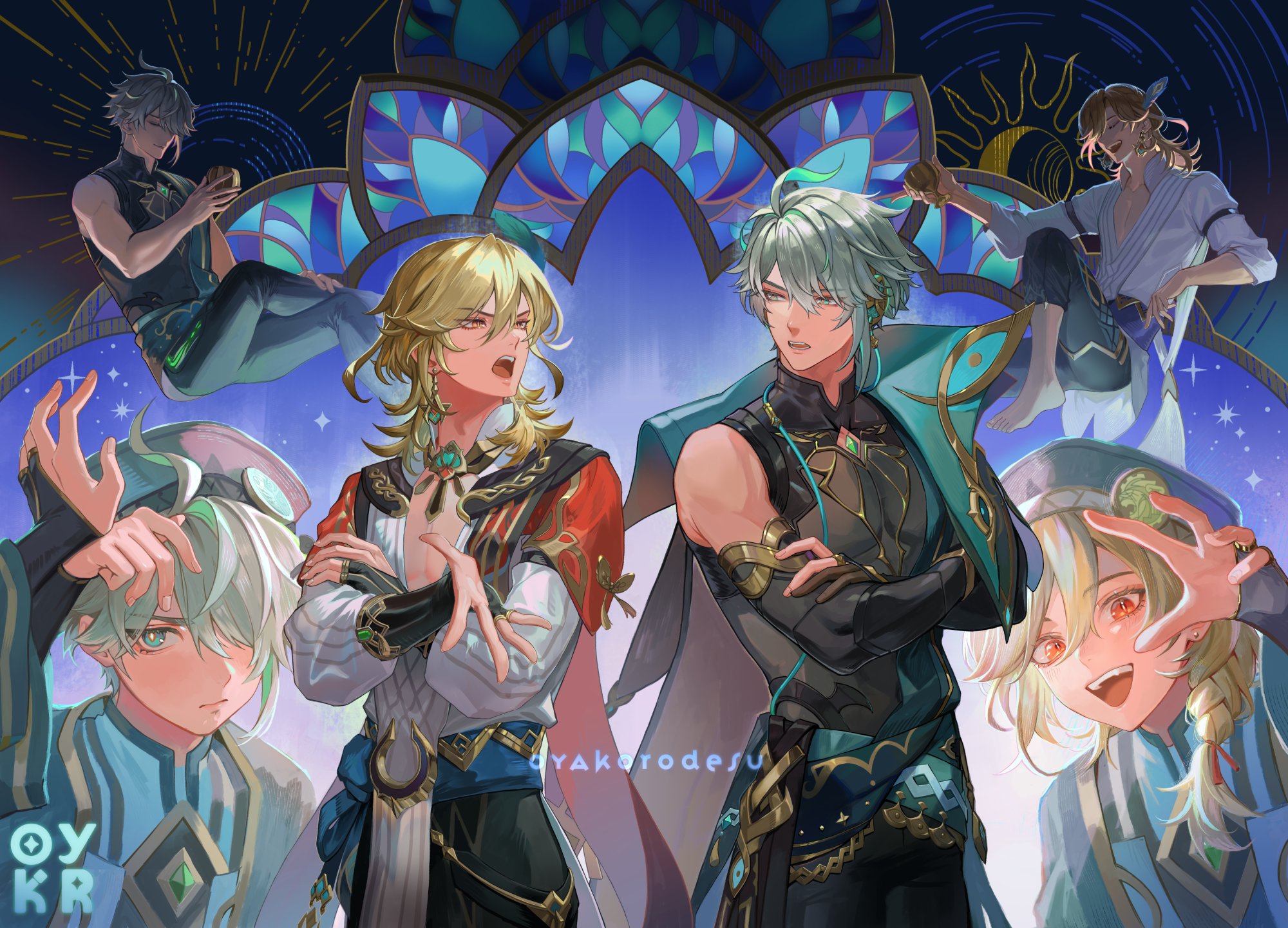 this is a digital art illustration of four anime boys, who are posed in different stances. the illustration is done in a fantasy style with a bright blue and green color palette. three of the boys are depicted as warriors, with one having his sword drawn and the other two with swords on their backs. the illustration is set against a backdrop of colorful stained glass windows.