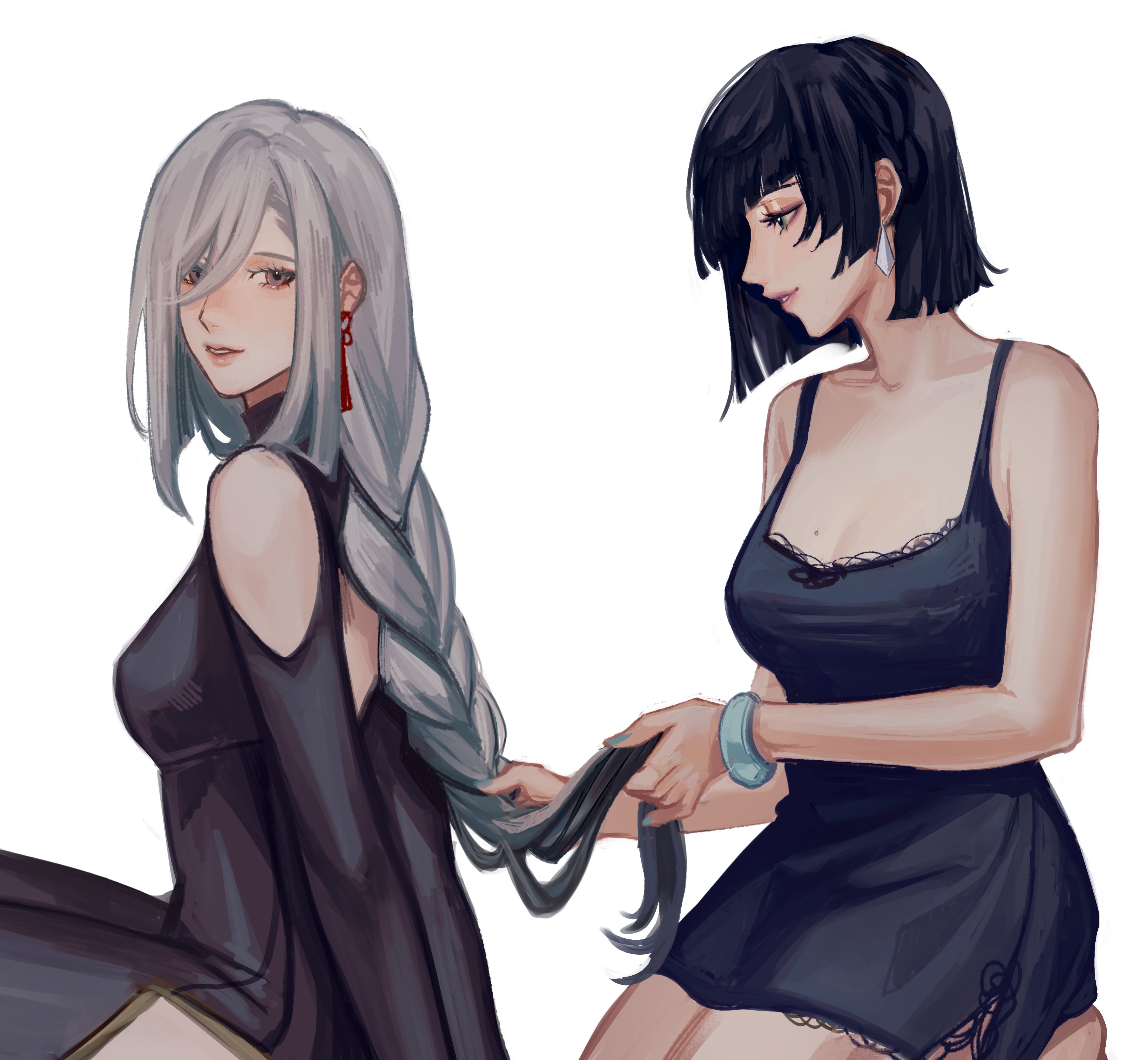 this image features two anime girls. the girl on the left has long, flowing white hair that is braided. she is wearing a black dress that has cutouts on the shoulders. she is standing with her arms crossed, looking off to the side. the girl on the right has short, dark blue hair with a few white strands. she is wearing a black dress that has a lace trim and she is braiding the white hair of the girl on the left. she is looking down at the girl on the left as she braids her hair. both girls are looking very beautiful and stylish. the background is a simple white, which helps to focus on the girls. the art style is very detailed, with lots of attention paid to the girls' facial features and clothing.  this is an illustration of two beautiful girls. it is a very cute and stylish image.
