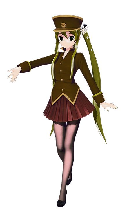 the image shows a full body view of an animestyle female character resembling miku hatsune. she is dressed in a militaryinspired uniform with a brown jacket and a matching pleated skirt. she wears a military cap on her head and black stockings and heels. she has long green pigtails.