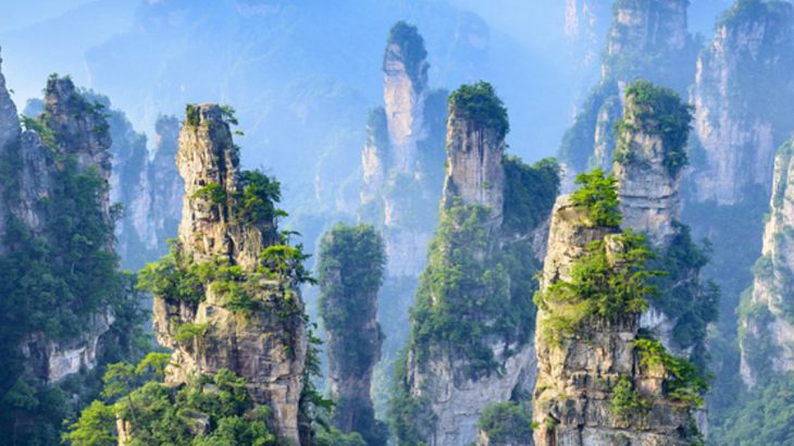 the image shows the zhangjiajie national forest park in hunan province, china. the park is characterized by its unique sandstone pillars that rise dramatically from the landscape. these pillars are covered with vegetation and are surrounded by fog and distant mountains, creating a surreal and beautiful scene. the park's karst landform is visible, showcasing its rugged and natural beauty.