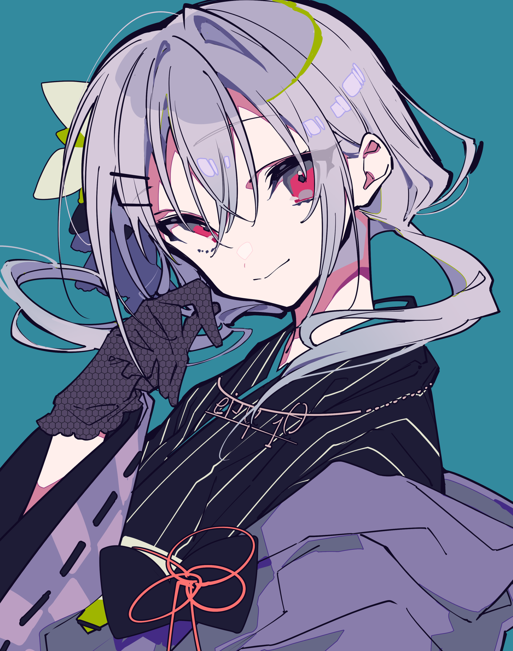 an animestyle illustration of a girl with purple hair and red eyes wearing a kimono. she has a smirk on her face and is wearing gloves. there is a flower hair accessory in her hair.