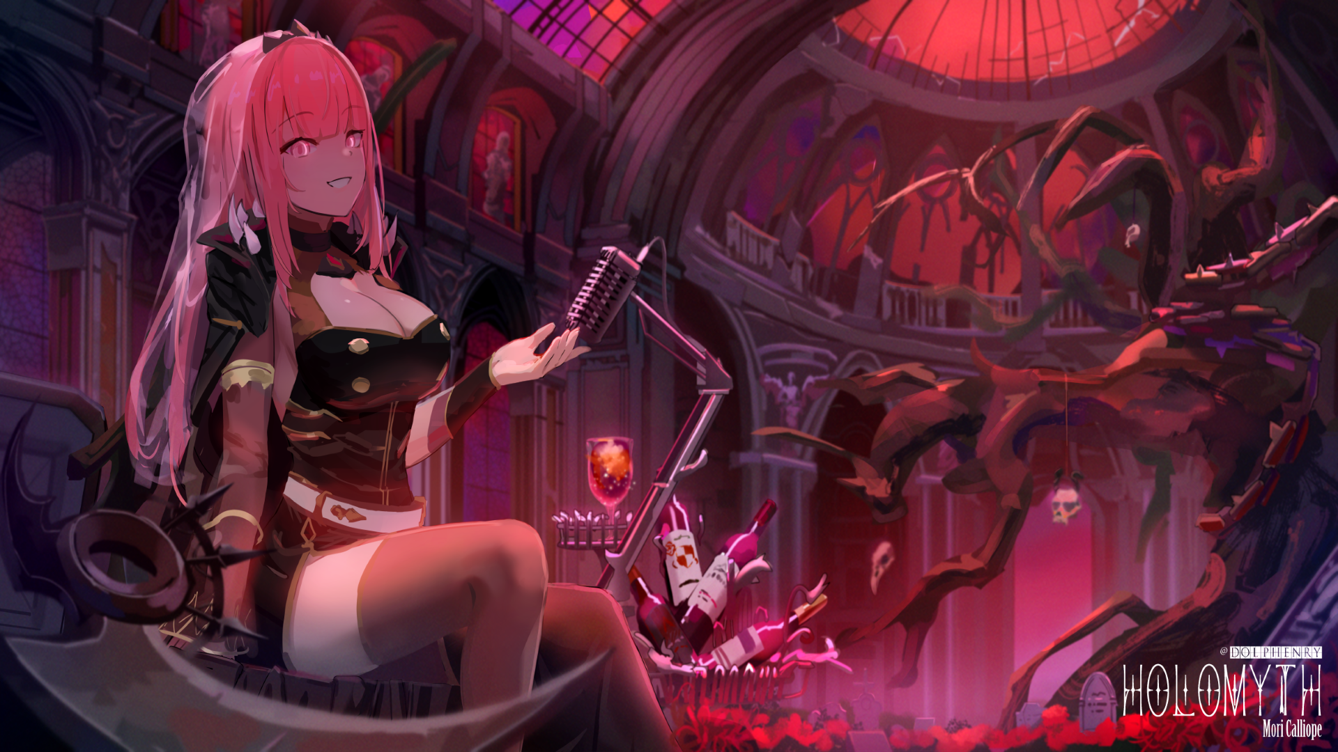 an anime style image featuring mori calliope from holomyth. she is a pinkhaired vtuber dressed as a grim reaper and sitting on a throne made of skulls. in her right hand, she holds a microphone. a wine glass and bottles are to her side. the setting is a castle with skulls and tombstones. the artwork is credited to dolphenry.