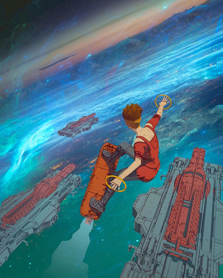 an illustration depicts a person riding a hoverboard in a futuristic space setting. the person, dressed in red attire and gray pants, navigates among several large spaceships. the backdrop is a vibrant space scene, filled with nebulas and hints of a distant, advanced city. the color palette is dominated by red, blue, and green hues, creating a fantastical and futuristic atmosphere.