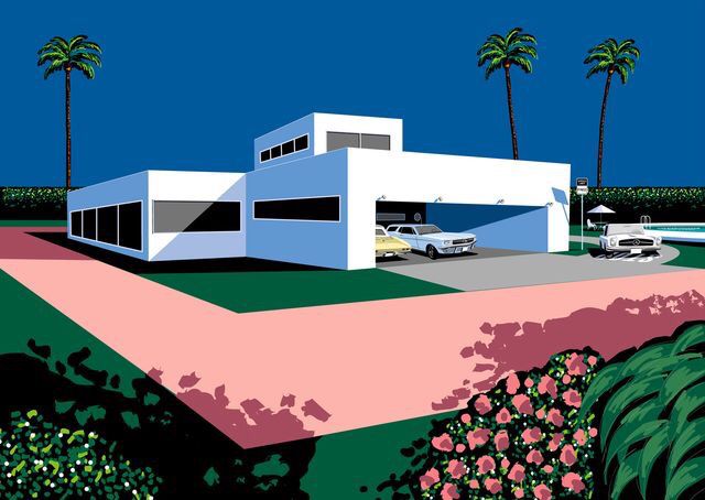 a white modern house with a large garage door, surrounded by palm trees and lush green landscaping.  the driveway is a bright pink and the sky is blue.  two cars are parked in the garage.  the house has large windows and a minimalist design.  the image is a stylized, geometric depiction of a suburban home.
