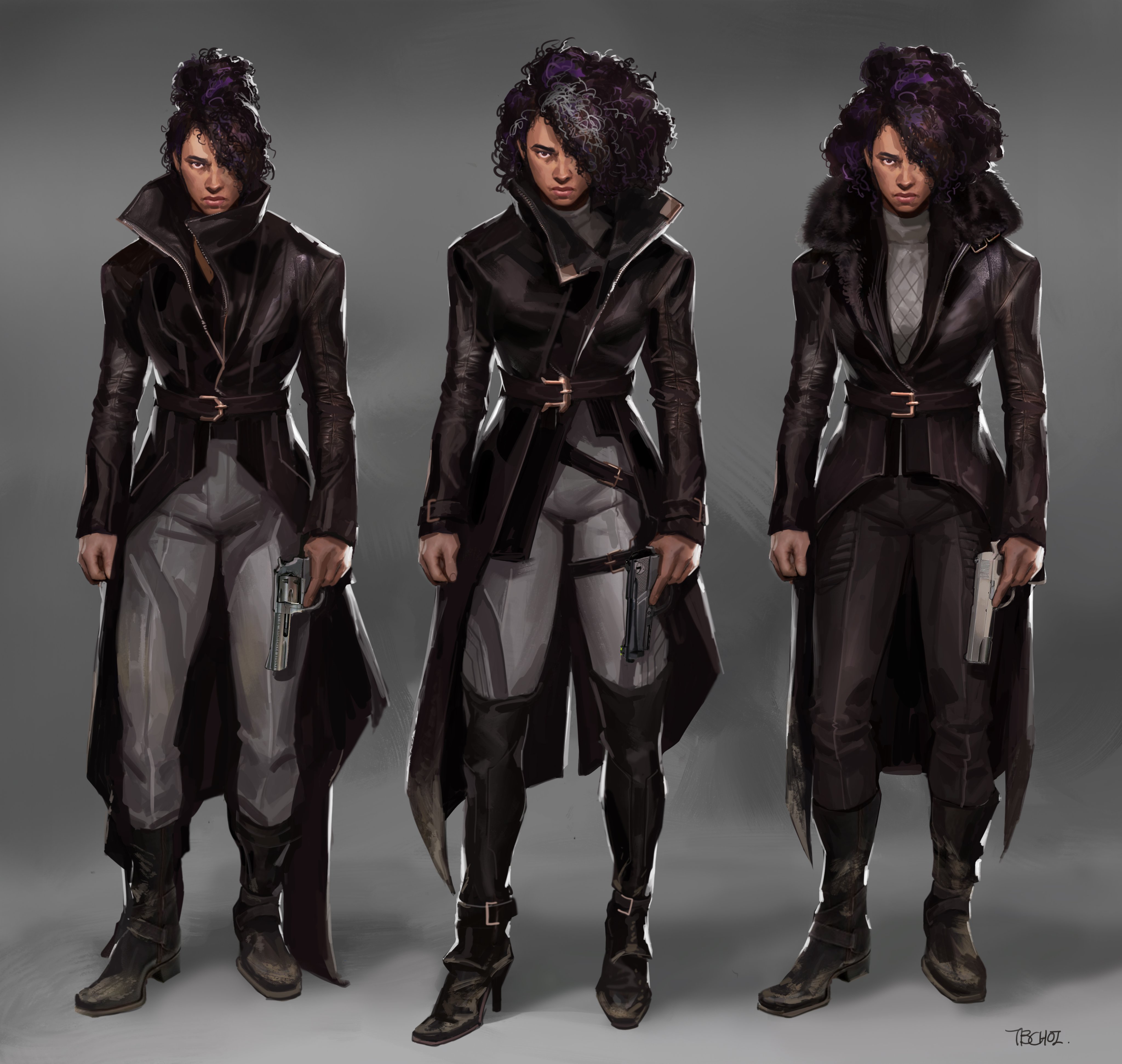the image showcases three variations of a female character concept art.  each variation depicts a woman with dark, curly hair (with hints of purple), wearing a long, dark leather coat and carrying a handgun. the differences lie primarily in the details of her outfit – the pants/trousers are slightly different, with one version having more tailored pants, another having lightercolored pants, and the third with darker trousers. a fur trim is present on the collar of one version.   the overall style suggests a dark fantasy or scifi setting, emphasizing a strong, confident female character. the background is a simple, neutral grey, allowing the character to stand out. the artwork appears to be a digital painting, likely for a game or other media project.