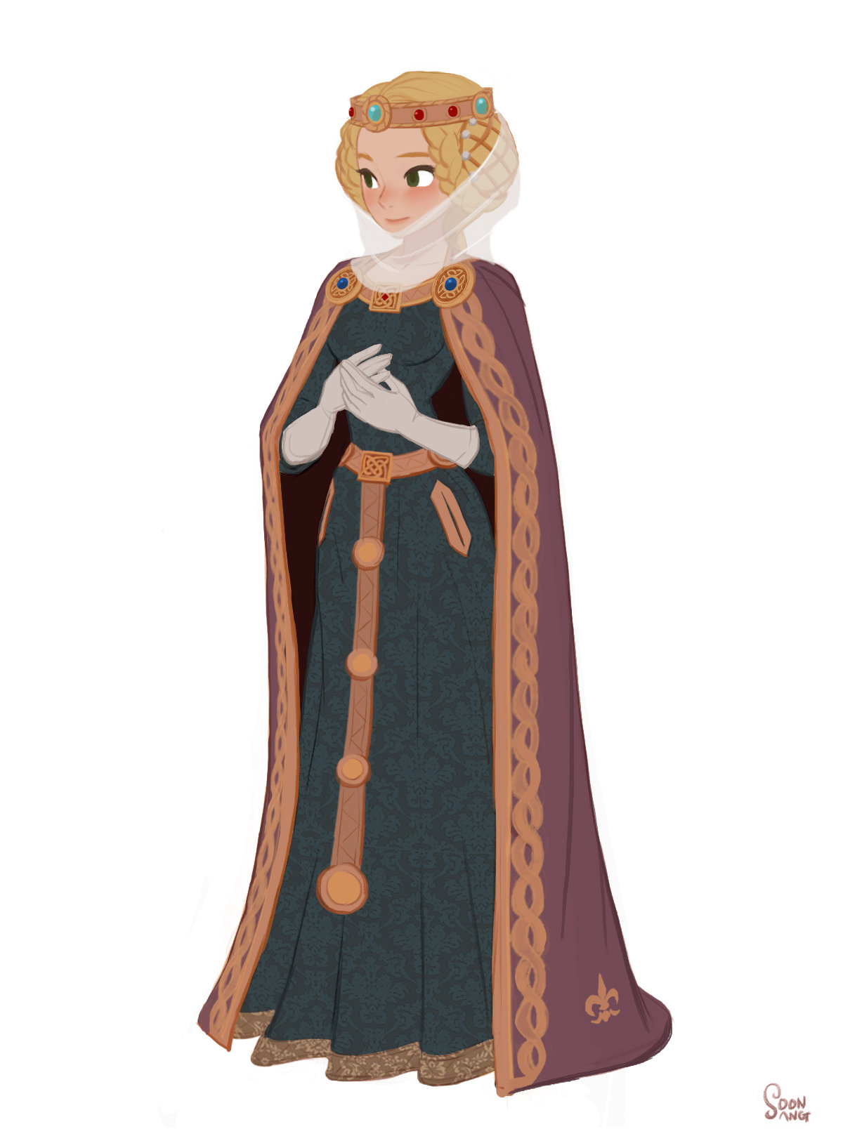 a digitally drawn illustration of a young queen in medieval attire. she has blonde hair, wears a golden crown and a veil. her dress is dark teal with elaborate gold trim, and she has a long purple cape with a fleurdelis emblem on the hem. she stands facing slightly to the side, hands clasped demurely in front of her. the background is a plain white.