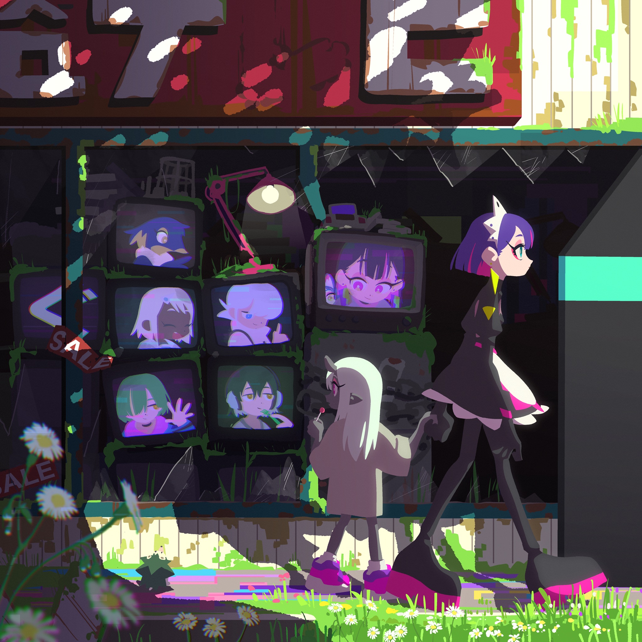 two anime characters, one a young girl with white hair and the other a taller figure with purple hair and catlike features, are holding hands and walking past a dilapidated storefront. the storefront's windows are filled with old televisions, each displaying a different anime character. flowers and weeds sprout from the sidewalk. the scene is brightly lit with dappled sunlight and shadows. the overall aesthetic is a blend of cyberpunk and postapocalyptic, with vibrant colors and a touch of whimsy.
