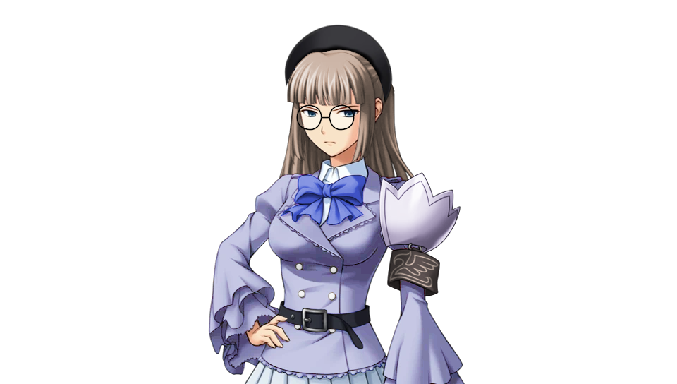 this is an anime styled illustration of a young girl with long grey hair. she is wearing a purple jacket with a large blue bow, a black hat and large glasses. her eyes are blue and she is smiling slightly. the background is a black silhouette.