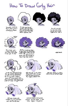 a digital illustration provides a stepbystep tutorial on drawing curly hair. presented on a white background, the tutorial showcases various stages of drawing with concise instructions, making it easy to follow and learn.