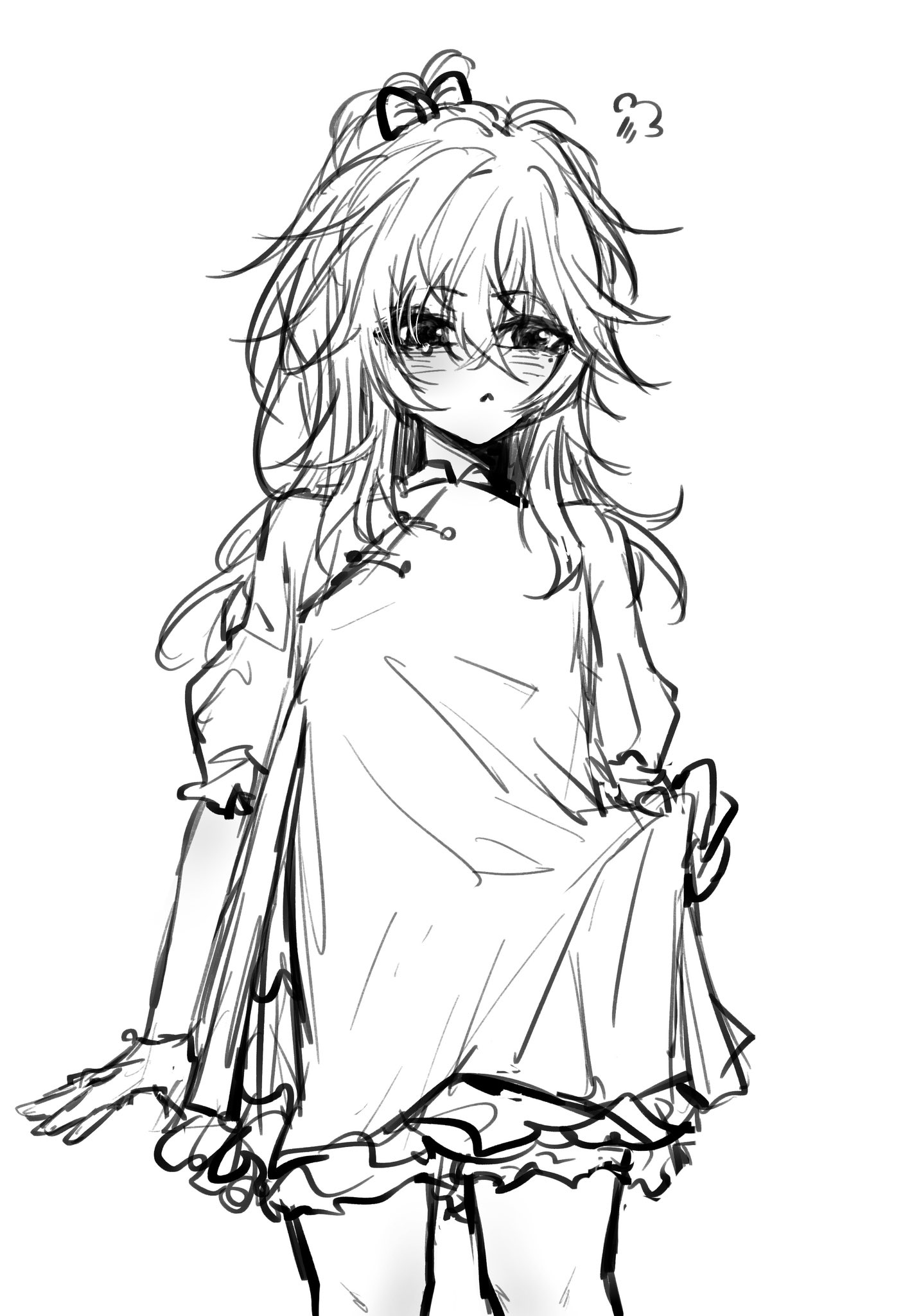 a black and white sketch of an anime girl with long hair wearing a white dress. she has a sweet expression on her face and is holding her dress in her hands. the girl is standing in a slightly awkward pose, which adds to her charm. the overall style of the sketch is simple and cute.