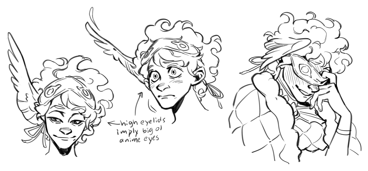 a black and white digital sketch page featuring three studies of the same character's head and shoulders. the character is malepresenting with curly hair, wings, and goggles on his head. he wears a loose, open shirt in the rightmost drawing, and there are notes about how high eyelids can imply large eyes in an anime style.