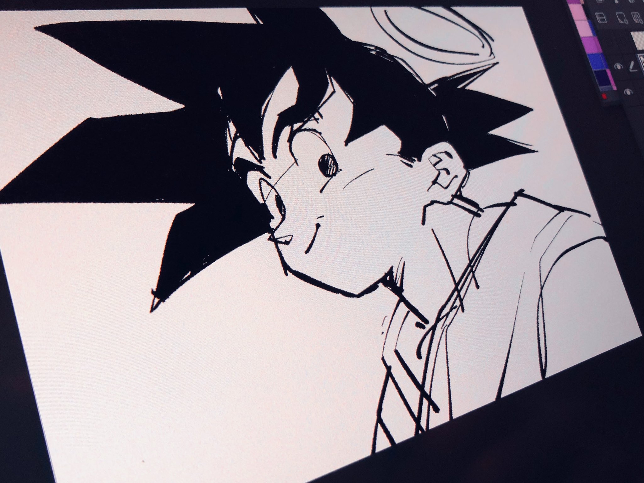 a black and white digital sketch of goku from dragon ball, depicted with an angel halo. the image appears to be a work in progress, showcasing the early stages of a digital illustration.