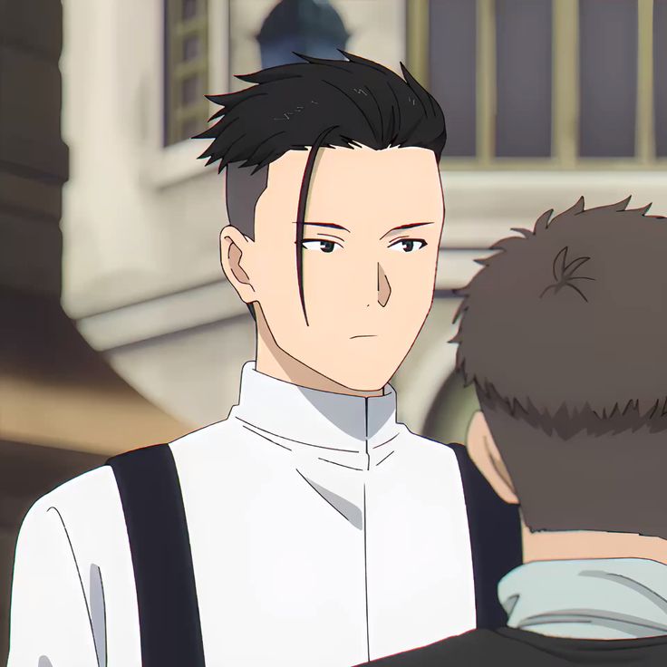 the image features the portrait of an anime character with black hair styled with an undercut, wearing a white and black outfit. the background suggests an outdoor setting in a city. the image's color scheme is predominantly black, white, and gray.  the lighting suggests it is daytime.
