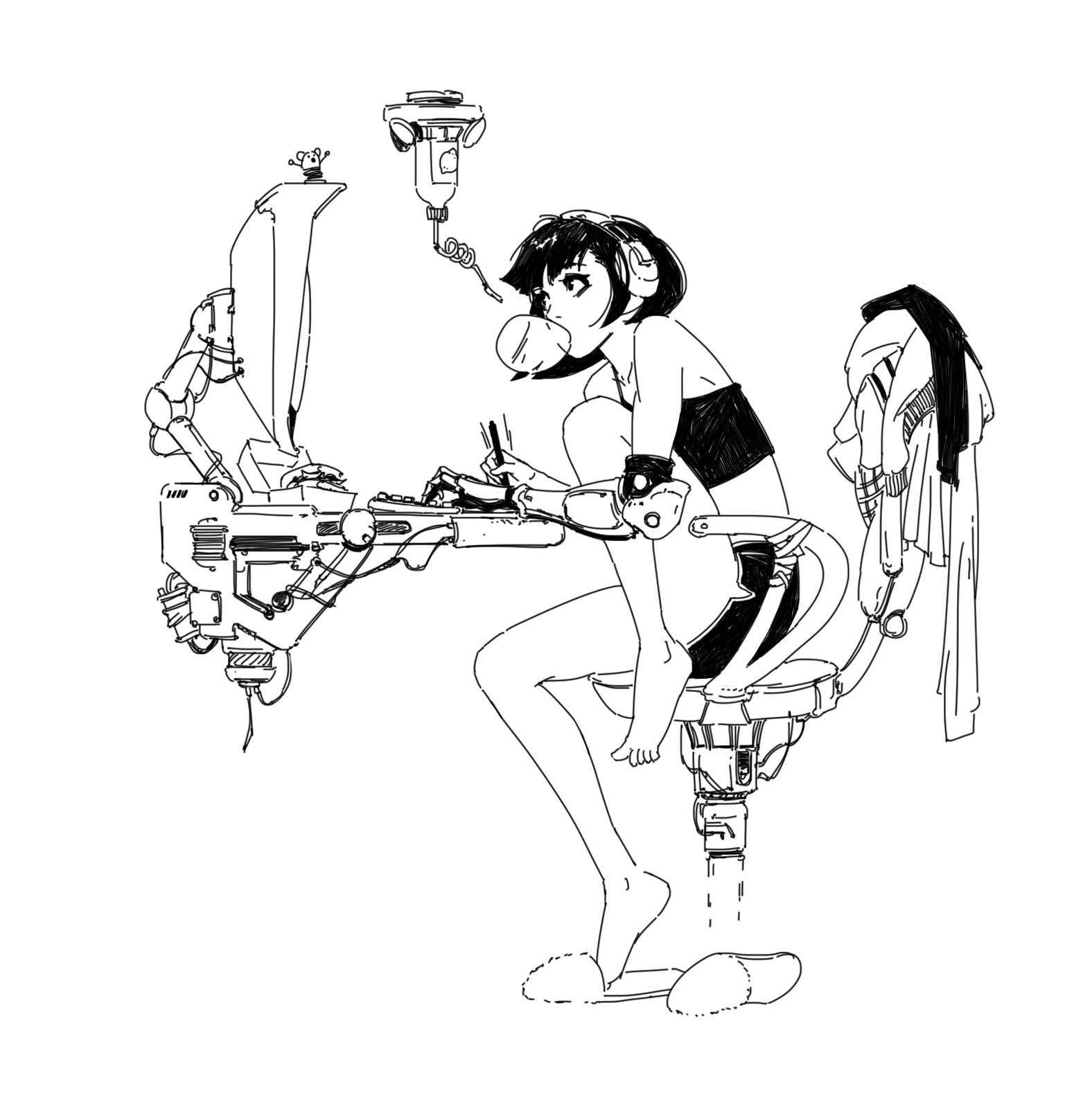 the image is a black and white illustration of an animestyle girl sitting in a futuristic, mechanical chair. she appears to be working on a computer or some kind of digital device, with robotic or mechanical appendages incorporated into the chair and workstation.  the style is detailed and expressive, reminiscent of manga or cyberpunk art. the girl has headphones on, is chewing bubblegum, and is casually dressed. the overall impression is of a blend of technology and anime aesthetics.