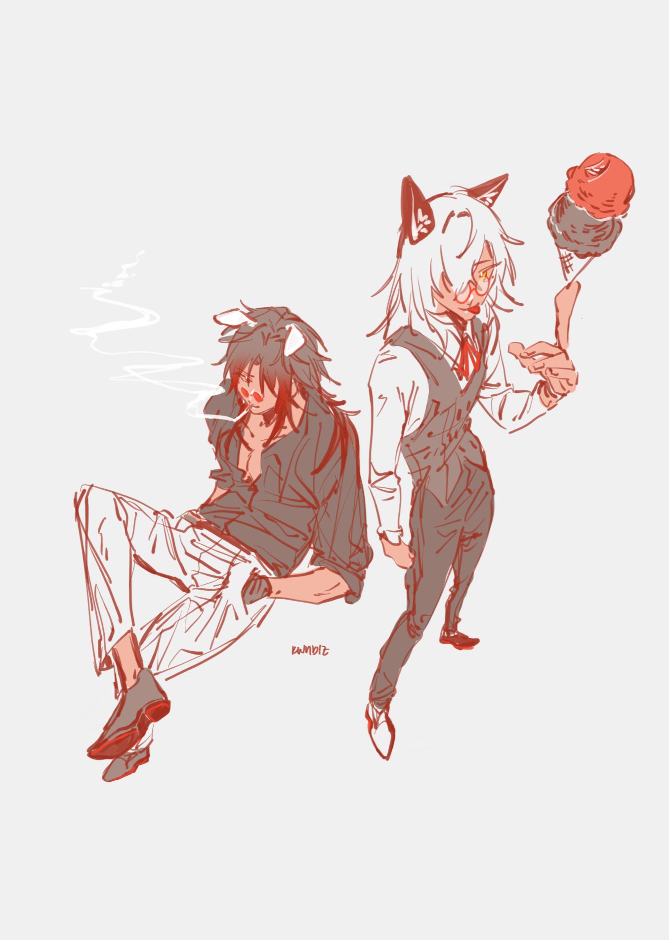 two anime boys with black hair, one with glasses and a white shirt and the other with a black shirt and white pants, are drawn in a sketch style and are shown interacting. the boy with the white shirt is holding an ice cream cone while the other boy is smoking a cigarette. both are casually posed and seem to be enjoying their time together.