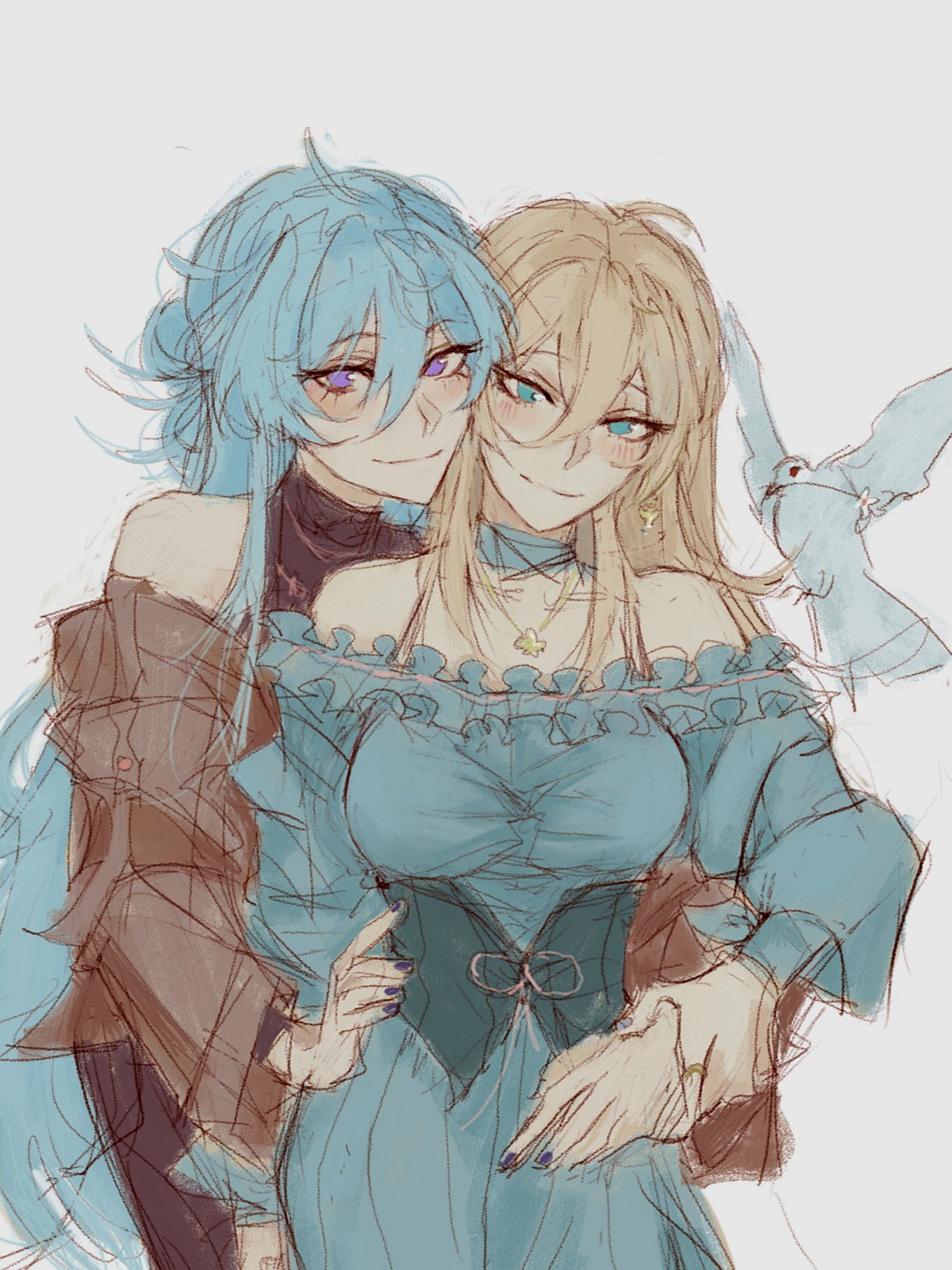 he image is a digital drawing or painting in a pastel color palette. it depicts two animestyle girls in an affectionate embrace. the girl on the left has long, light blue hair and is wearing a brown jacket. the girl on the right has long, blonde hair and is wearing a light blue dress with a corsetlike bodice. both girls have expressive eyes, and the overall mood is romantic and intimate. a small blue bird is perched on the shoulder of the girl on the right. the style of the artwork is loose and sketchy, giving it a soft and dreamy feel.
