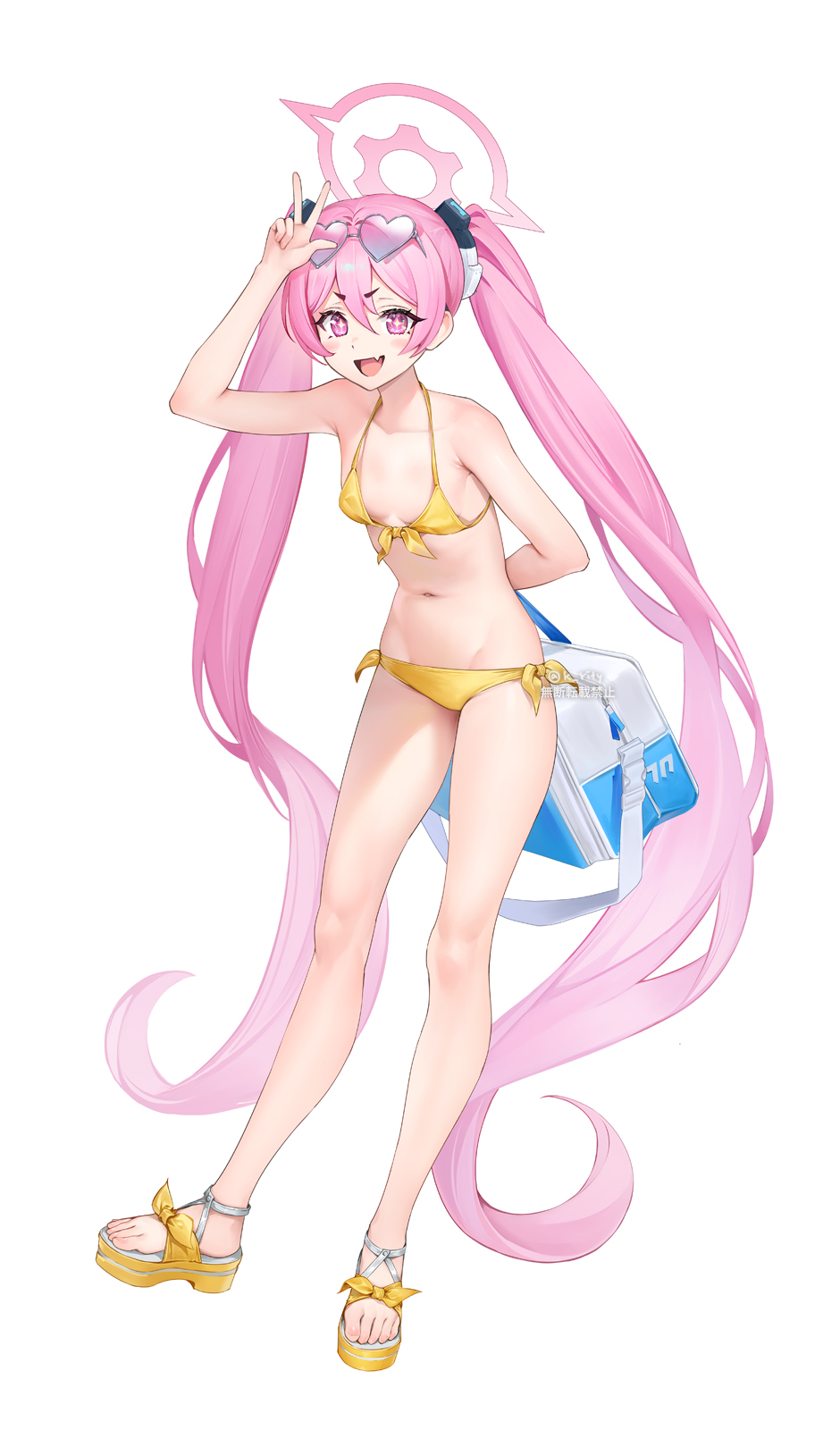 a young woman with long pink hair styled in twin tails is posing playfully for a picture. she wears a yellow bikini, heartshaped sunglasses, and sandals. her outfit hints at a beach or poolside setting. she holds up a peace sign near her face, indicating a lighthearted and funloving personality. a blue and white bag hangs from her shoulder, potentially containing her belongings for the day. content: woman, anime, twintails, bikini, beach, playful people: woman environment: beach, poollighting: soft, naturalperspective: full body, eye levelkw: pink hair, anime girl, beachwear, summer, playful pose, cute, heartshaped sunglasses,  sandals,  blue bag