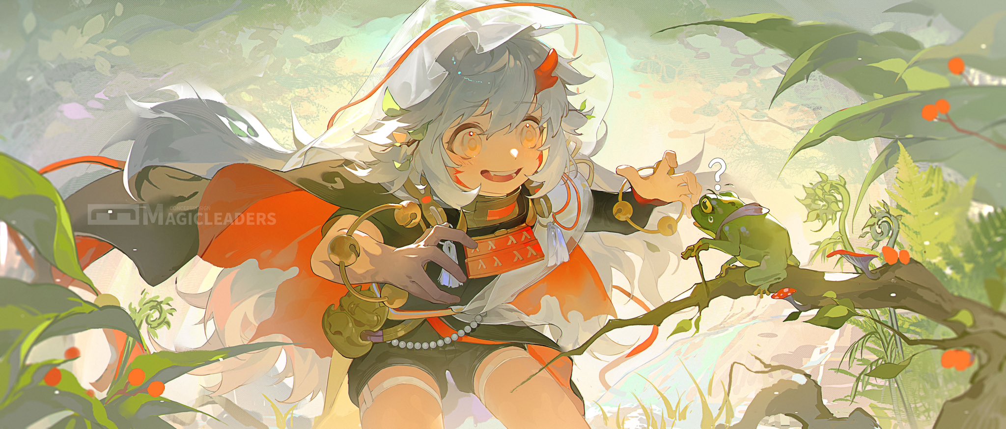 the image is a digital painting in a soft, whimsical style depicting a young animestyle girl with long white hair and horns. she wears orange and dark clothing that resembles a kimono, adorned with bells.  she has a playful expression and appears to be interacting with a green frog sitting on a branch.  the setting is a lush, sundappled forest with vibrant green leaves and plants. the overall mood is light, magical, and fantastical. the artwork is highly detailed and uses a variety of soft colors and textures.  a watermark for "magicleaders" is present in the image.