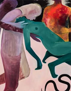 the painting depicts three figures in a surreal and dreamlike setting. the central figure is a nude woman with a vibrant green body, lying on the ground with her arms outstretched. she appears to be receiving attention from two other figures, both with faces that are partially obscured. the figure on the left is clad in a light purple and pink garment, while the figure on the right is dressed in a vibrant orange and yellow robe. all three figures are rendered in a bold, stylized manner, with strong lines and contrasting colors. the background is a soft, pastel pink, which adds to the dreamlike atmosphere of the painting. the painting's ambiguous composition and emotional intensity suggest a deeper meaning that is left open to interpretation.