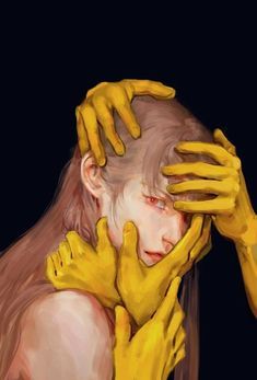 the image depicts a woman with long, flowing hair, her face obscured by a pair of large, yellow hands that appear to be caressing or holding her. the hands are the dominant element in the image, filling the space around her head and creating a sense of mystery and intrigue. the woman's expression is obscured by the hands, but her eyes are visible, giving a glimpse of her emotional state, which appears to be a mixture of sadness, vulnerability, and perhaps even fear. the overall tone of the image is somber, but also strangely beautiful. the use of light and shadow creates a sense of depth and mystery, while the delicate brushstrokes suggest a sense of fragility and vulnerability. the image is likely an exploration of themes such as isolation, fear, and the human need for connection.  the yellow hands are a powerful symbol of both comfort and constraint, suggesting that the woman is both protected and confined by something or someone.