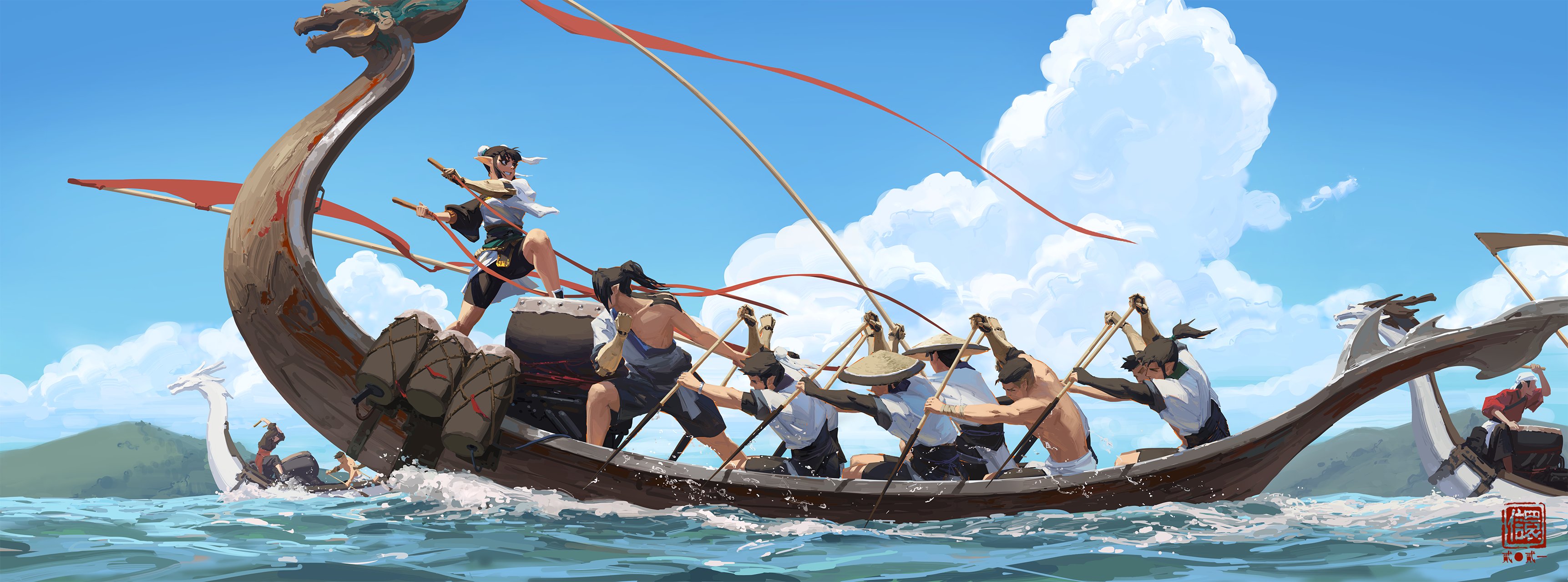 the image is a vibrant and dynamic illustration depicting a dragon boat race.  several long, narrow boats, carved with dragon heads at the prow, are shown in the water, propelled by teams of rowers. the rowers are dressed in traditional asian clothing and are actively rowing. one boat in particular is featured prominently, with a person standing at the front, seemingly directing the team. the setting is sunny, with a bright blue sky and fluffy white clouds.  the overall style is painterly, with loose brushstrokes adding to the feeling of movement and energy. another dragon boat can be seen in the background, adding to the competitive atmosphere of the scene. the image is filled with a strong sense of action and cultural richness.