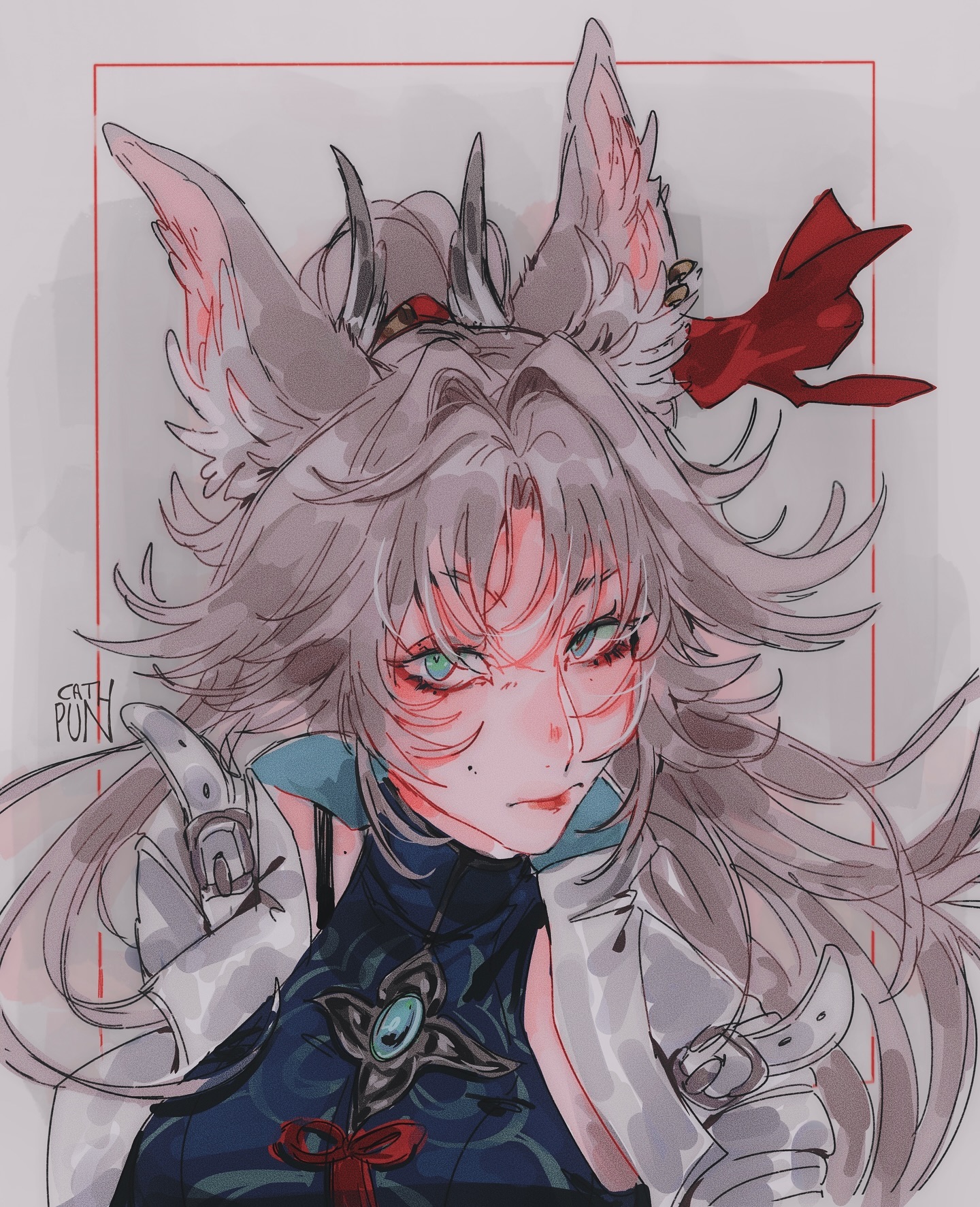 the image is a digital painting or illustration of a stylized female anime character.  she has long, flowing white and grey hair, striking green eyes, and prominent pointed ears suggestive of an elf or fox.  she's wearing an intricate outfit featuring  dark teal and blue elements along with a white or light gray coat. red ribbons and details add a splash of color. her expression is serious or perhaps pensive. the art style is detailed yet loose, with a blend of sharp lines and softer shading, characteristic of anime and possibly manga influenced fanart. the background is a simple offwhite or light gray, drawing attention to the character. the style suggests a potential connection to a video game character, especially given the pointed ears, which are common in video game designs.  the overall impression is one of elegance and fantasy.