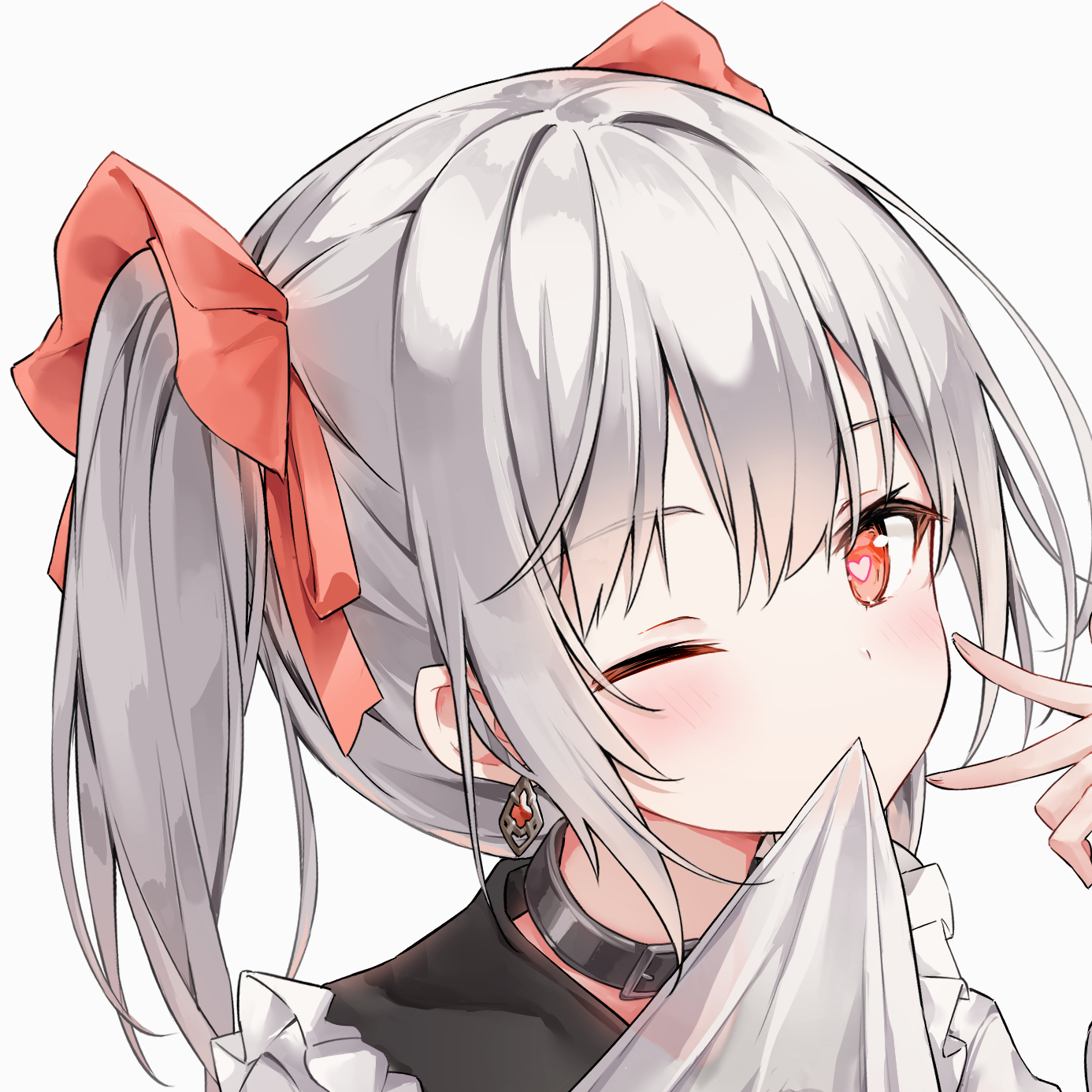 a closeup of an anime girl with grey hair styled in pigtails with red ribbons. she has red eyes, is winking, and is holding a white cloth near her mouth. she is wearing a black collar with a buckle, a choker, and an earring. the background is plain white.