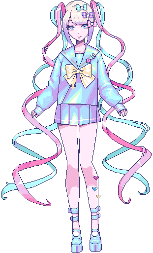 this is a digital art piece, a cute anime character. the character is a young girl with long blonde hair with blue and pink highlights, which are styled in twin tails. she is wearing a pastel blue sailor top and skirt outfit with a yellow and white bow. her shoes are white boots with pastel pink accents. she has a pink and blue ribbon tied around her hair. the overall art is done in a pastel and kawaii style.