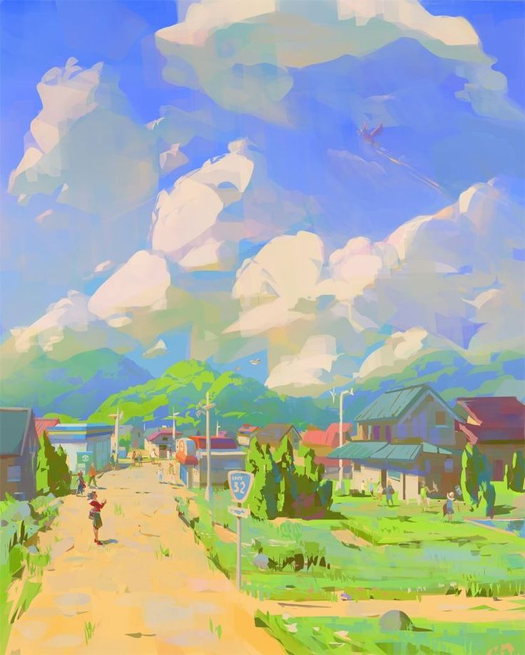 a vibrant and painterly scene depicts a sunny day in a small town. a dirt road leads through the town, lined with houses and green grass. several people are visible along the street and in the yards. a "route 32" sign is prominently displayed. in the background, green mountains rise under a bright blue sky filled with fluffy white clouds. a kite flies high in the sky.