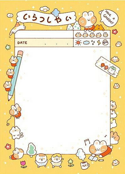 the image is a cute and colorful notepad template featuring adorable cartoon rabbits and bunnies. it has a yellow background with white space for writing notes, along with a date section and other fun details like weather icons, flowers and stars.  the overall style is kawaii (cute) and playful, making it suitable for personal journaling or planning.  japanese text is incorporated at the top.
